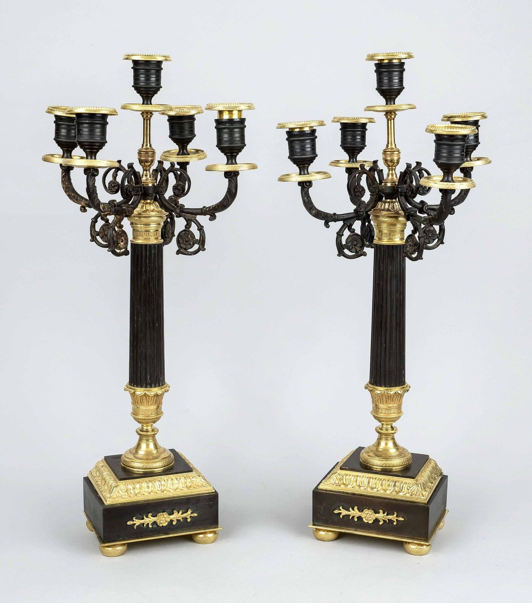 Pair of Empire style candlesticks, probably around 1830. Bronze gilded and patinated. Pedestal on