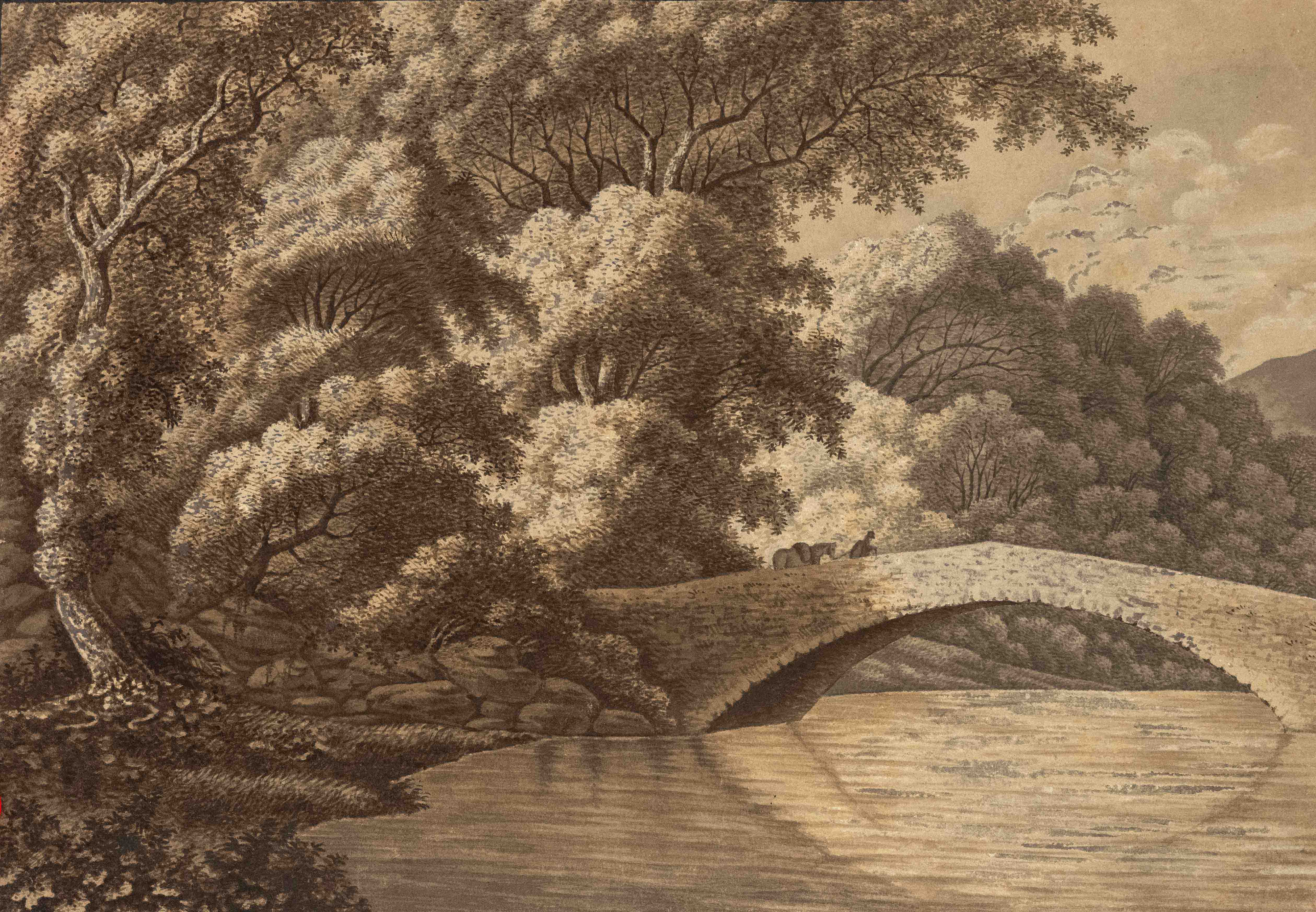 Anonymous draughtsman, c. 1800, densely wooded riverbank by moonlight with bridge and lone hiker