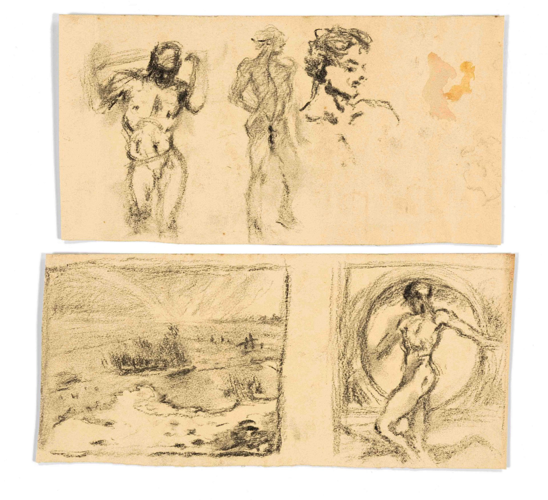 Focke, Wilhelm H. 1878 - Bremen - 1974. 2 ll. male nude studies and landscape in the block