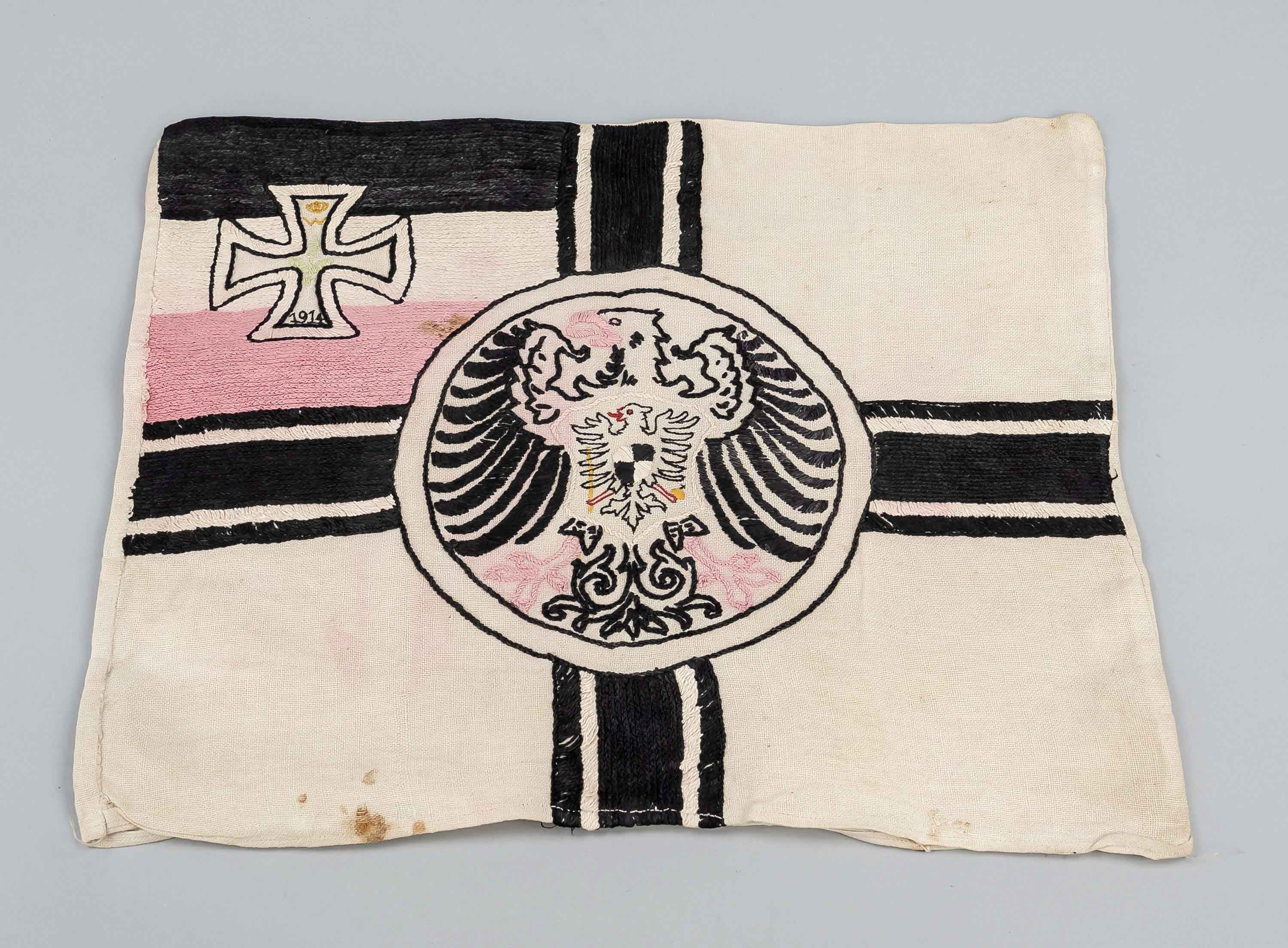 Pillowcase with imperial war flag, Germany, World War I., home work/folk art. Linen embroidered