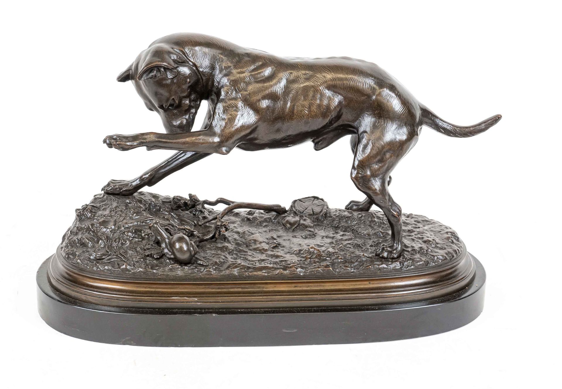 François Fréderic Steenackers (1832-?), dog playing with a snail, noble brown patinated bronze on