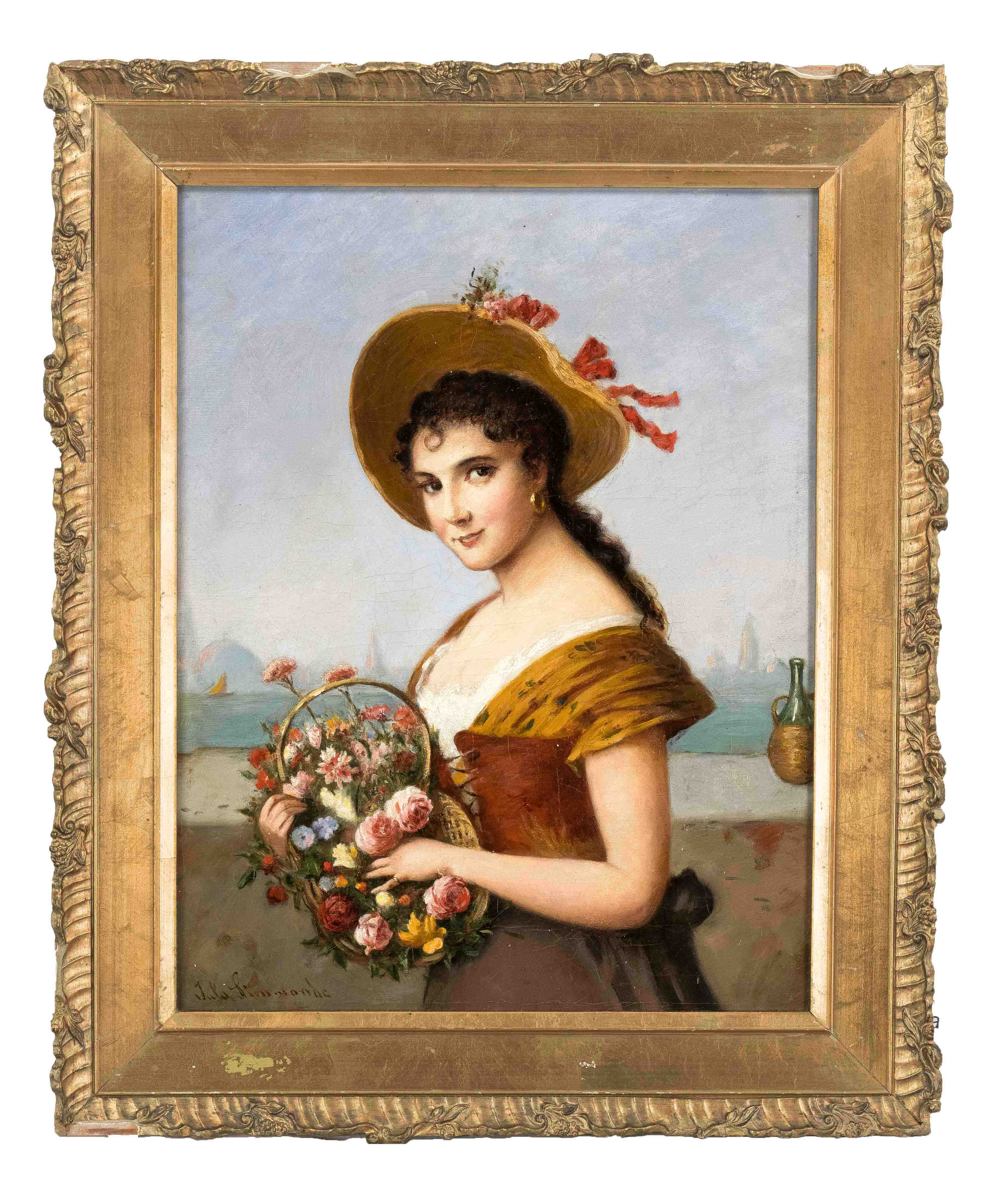 Simmonds, Julius. 1843 Pyrmont - 1924 Hamburg. Young lady with flower basket in front of Venetian