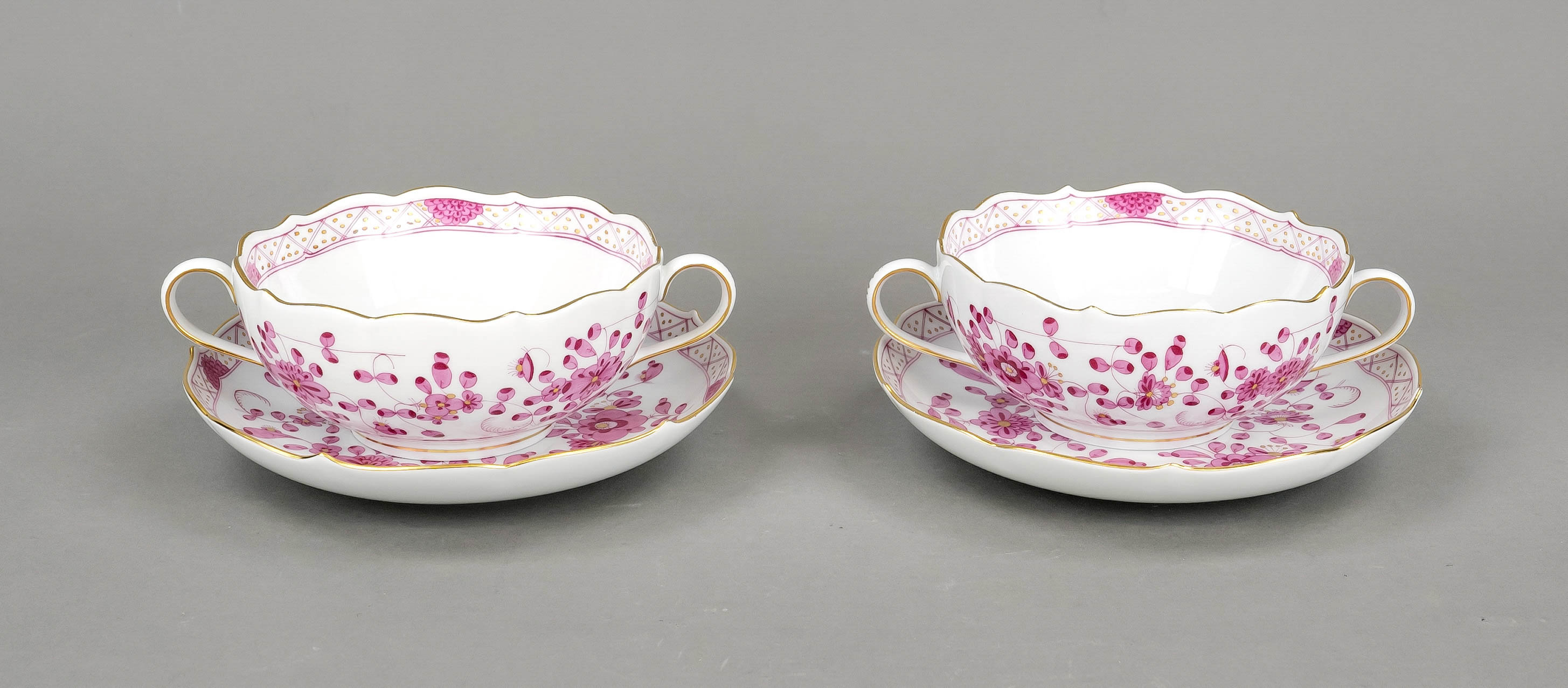 Pair of soup cups with saucers, Meissen, marks after 1934, 1st choice, form New Cutout, decor Indian