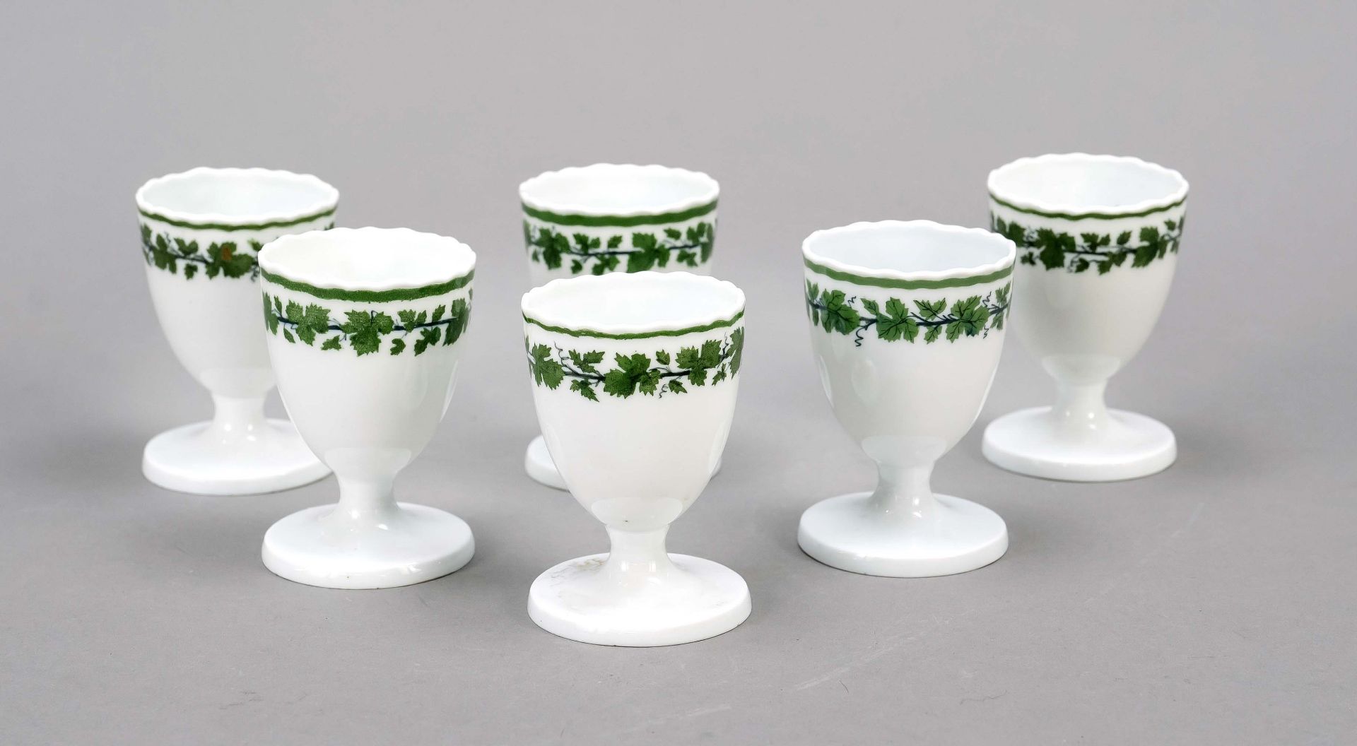 Six egg cups, Meissen, knob swords 1850-1924, 1st choice, form new cutout, decor vine leaves in