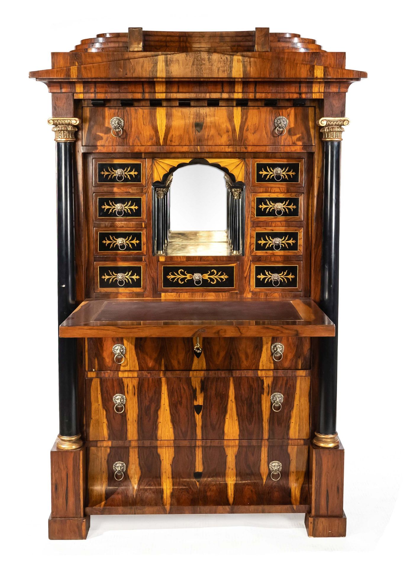 Biedermeier-style standing secretary, 20th century, Indian rosewood and maple partly inlaid, 4-