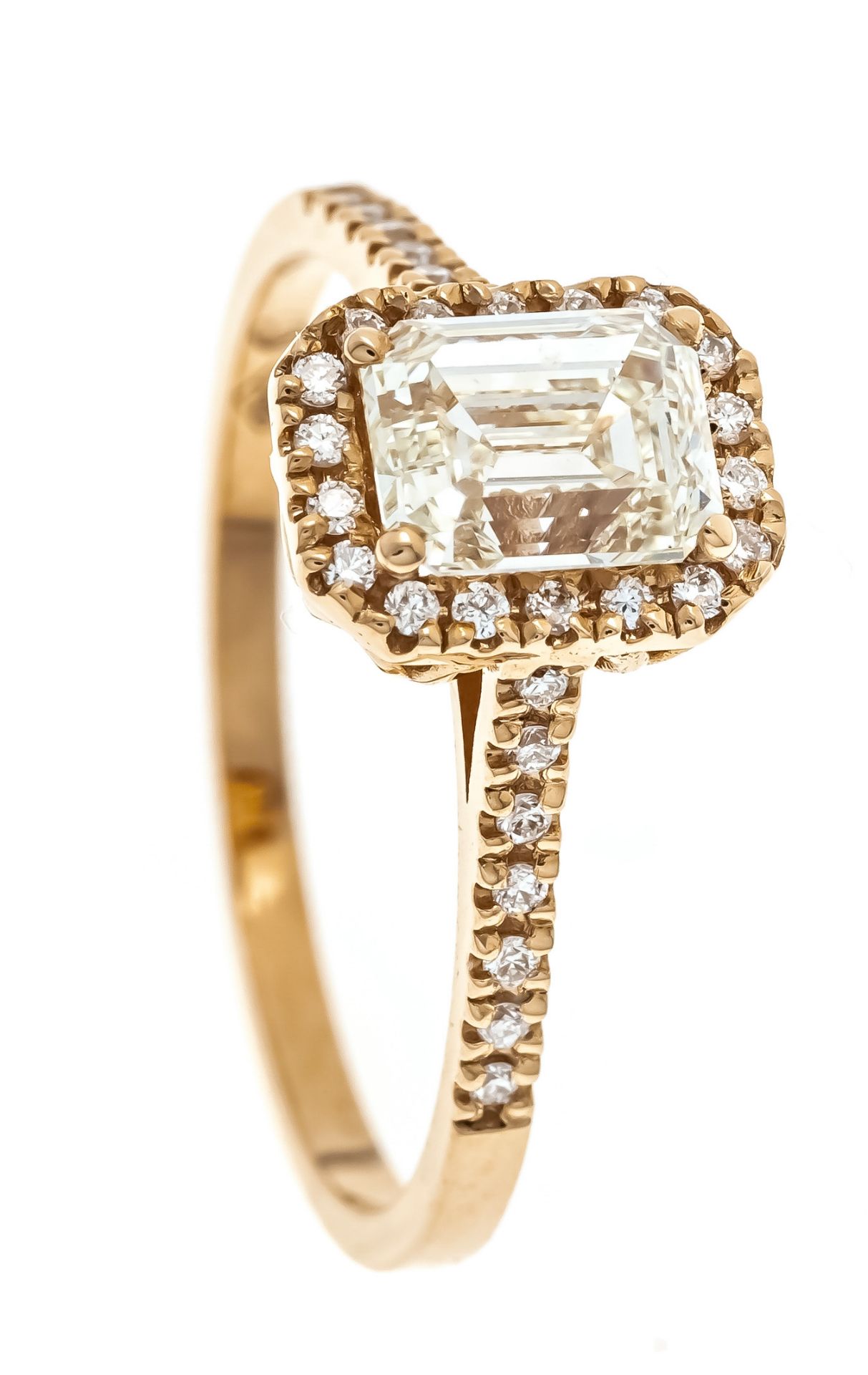 Diamond-brilliant ring RG 750/000 with one emerald cut faceted diamond ca. 0,77 ct Fancy Faint