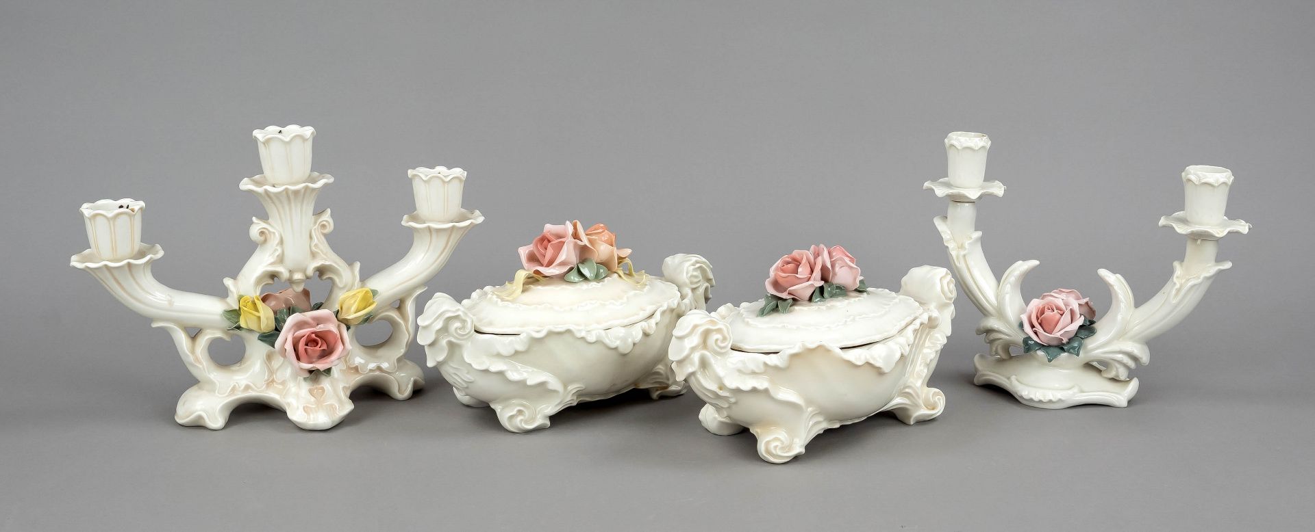 Four decorative pieces, Karl Ens, Volkstedt, mill mark 1925-75, 2 lidded jars, rose petals as lid