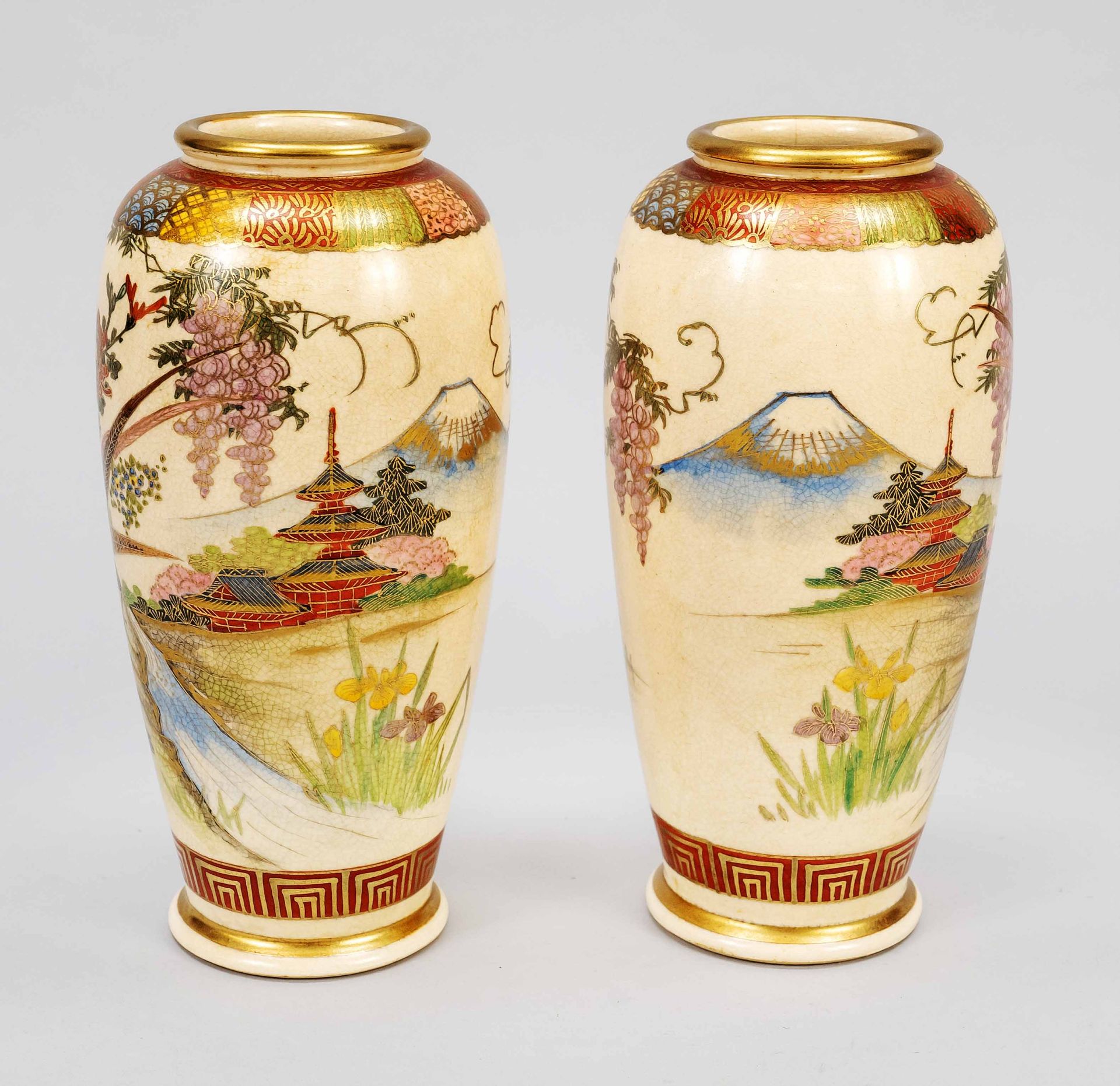 Pair of Satsuma vases, Japan, 20th c., beautiful large flower vases with ivory colored body and fine - Image 2 of 3