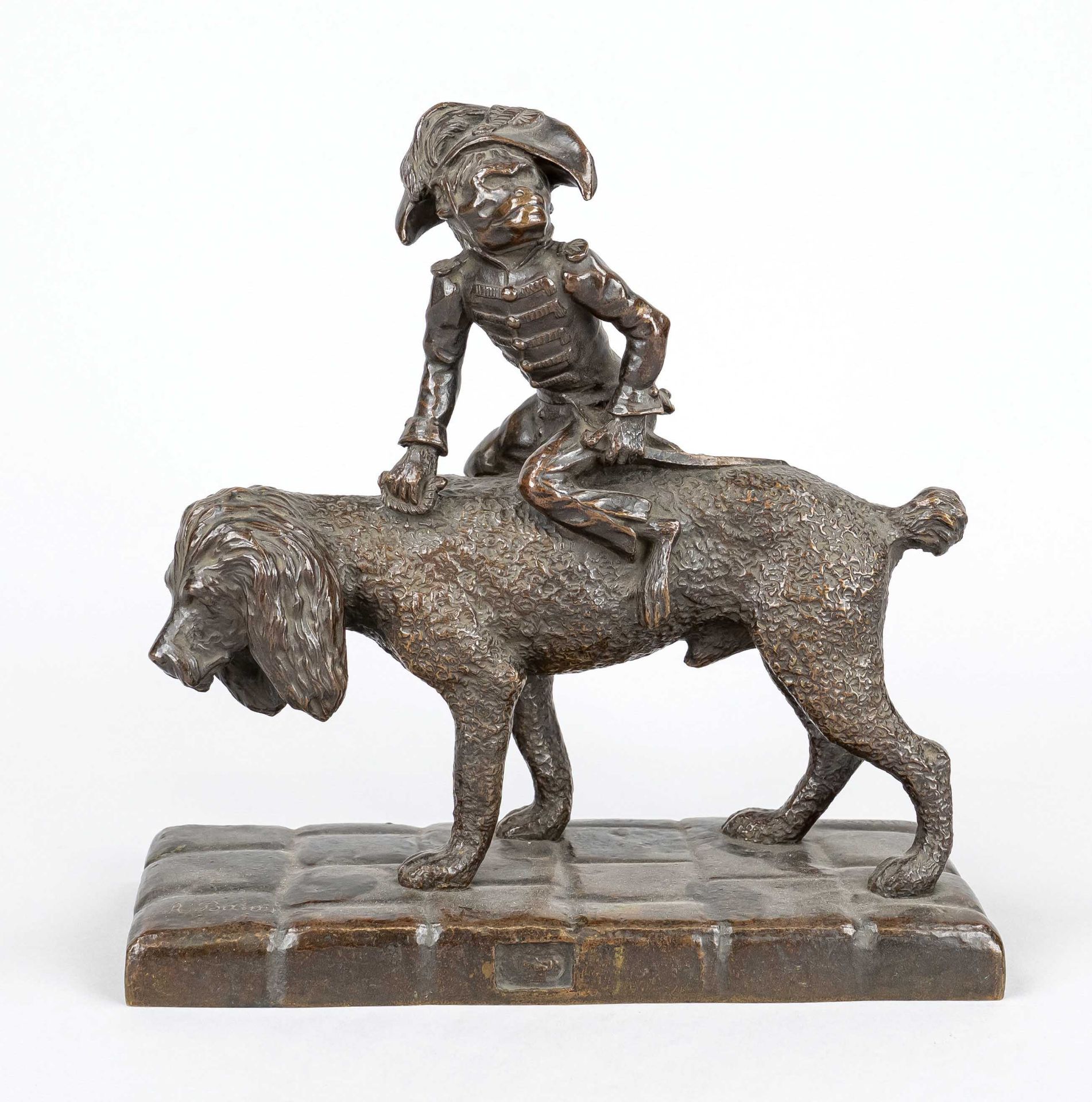 A. Baron, French sculptor of the 19th c., monkey in uniform riding a poodle, patinated bronze on