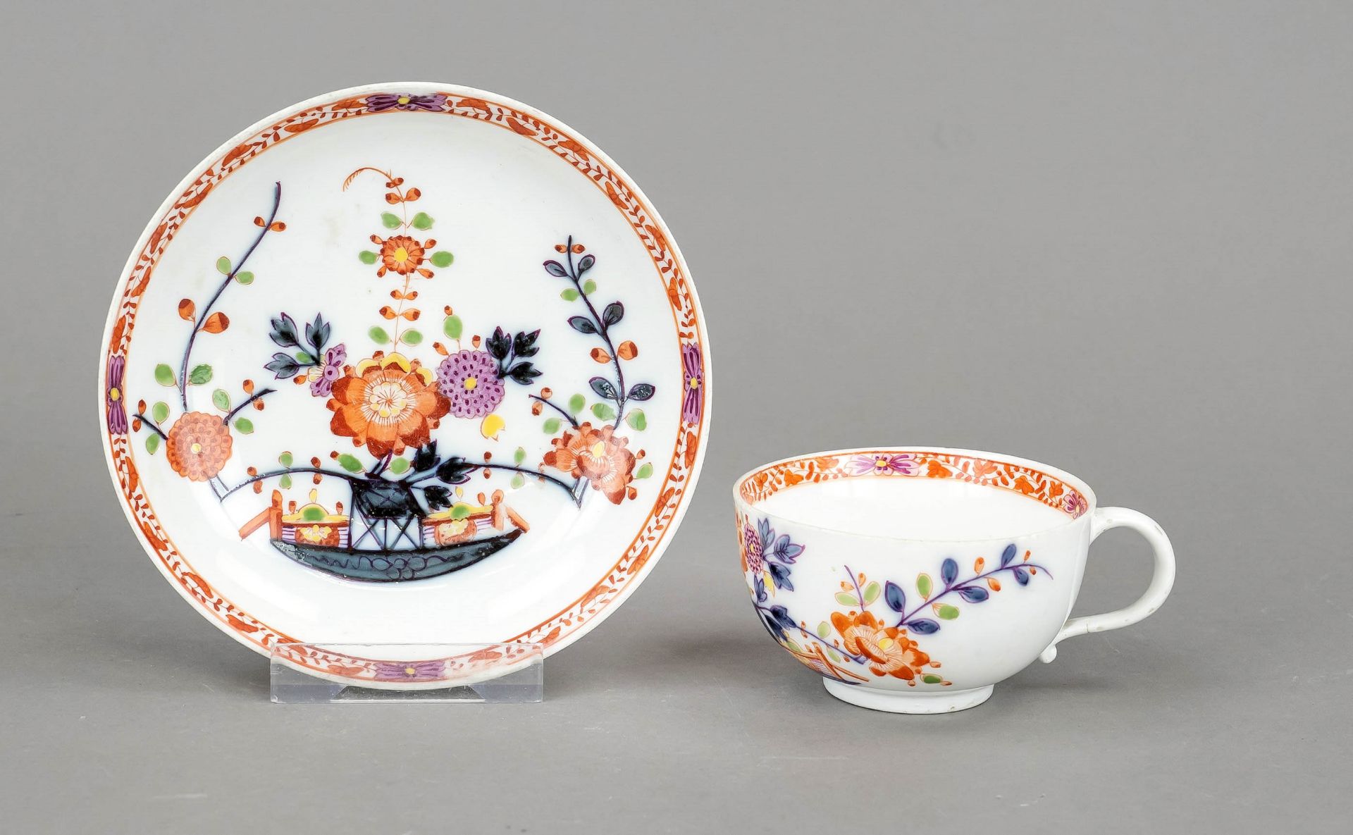 Cup with saucer, Meissen, Marcolini mark 1774-1817, semicircular shape with ear handle, polychrome