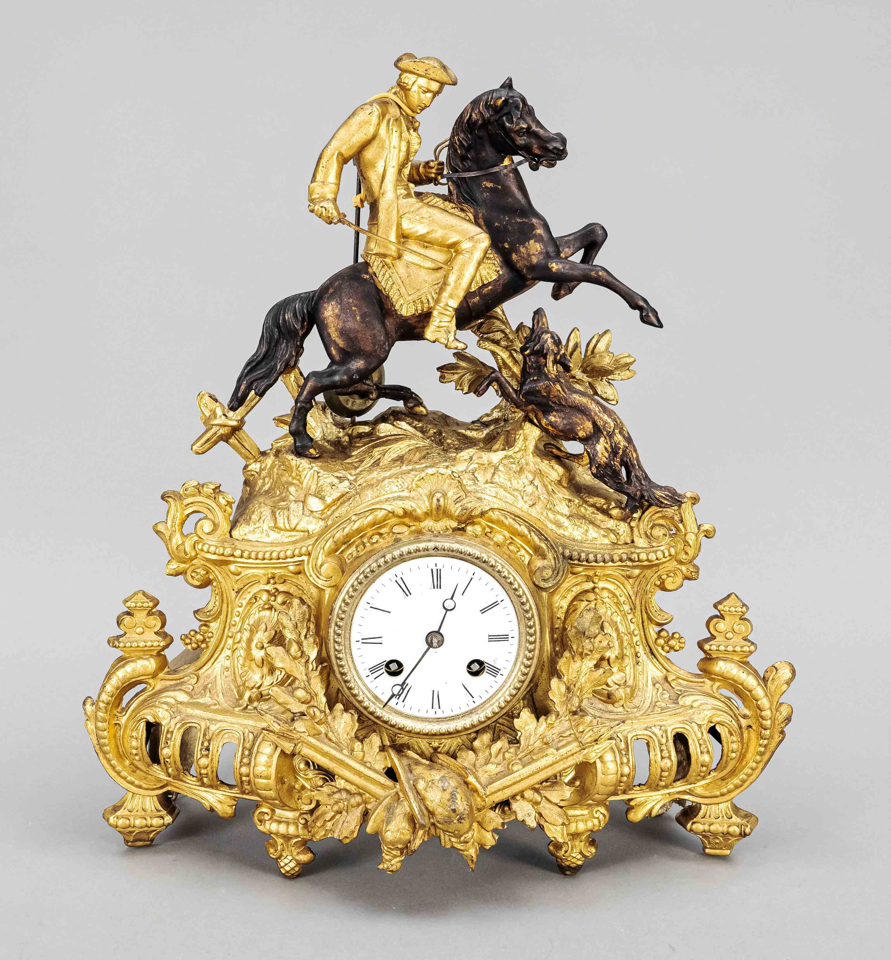 french. Figure pendulum, 2nd half of the 19th century, depicting a man on horseback with a saber