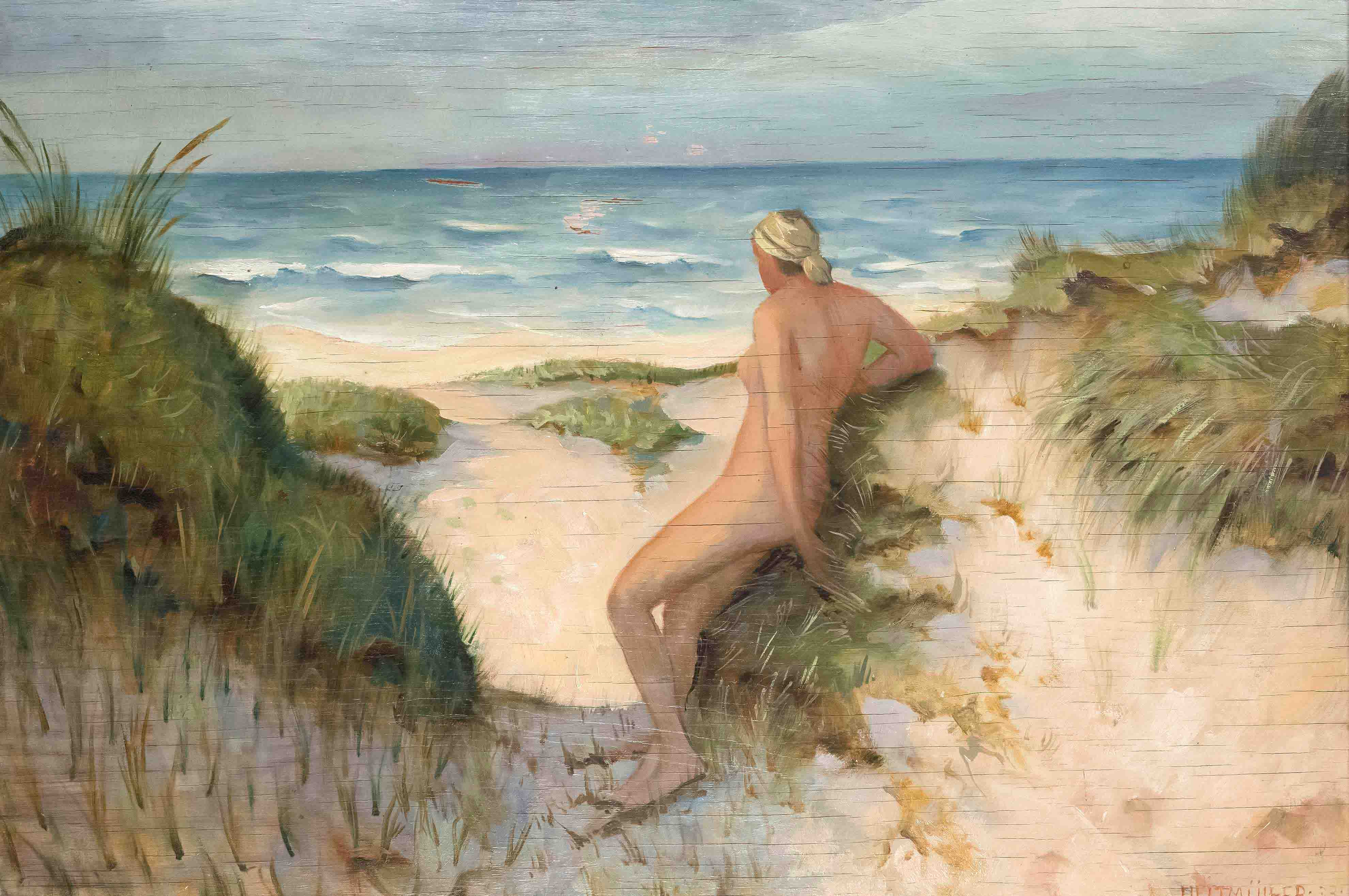 Heitmüller, August. 1873 Gümmer near Hannover - Meran 1935. female nude in the dunes. 1933. oil/