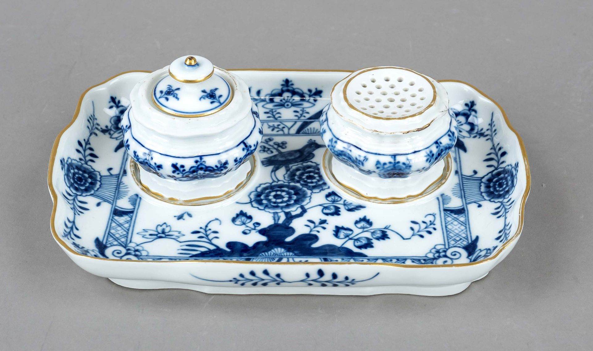 Writing set, 3 pieces, Meissen, Knauff Schwerter 1850-1924, 1st choice, painted in underglaze blue