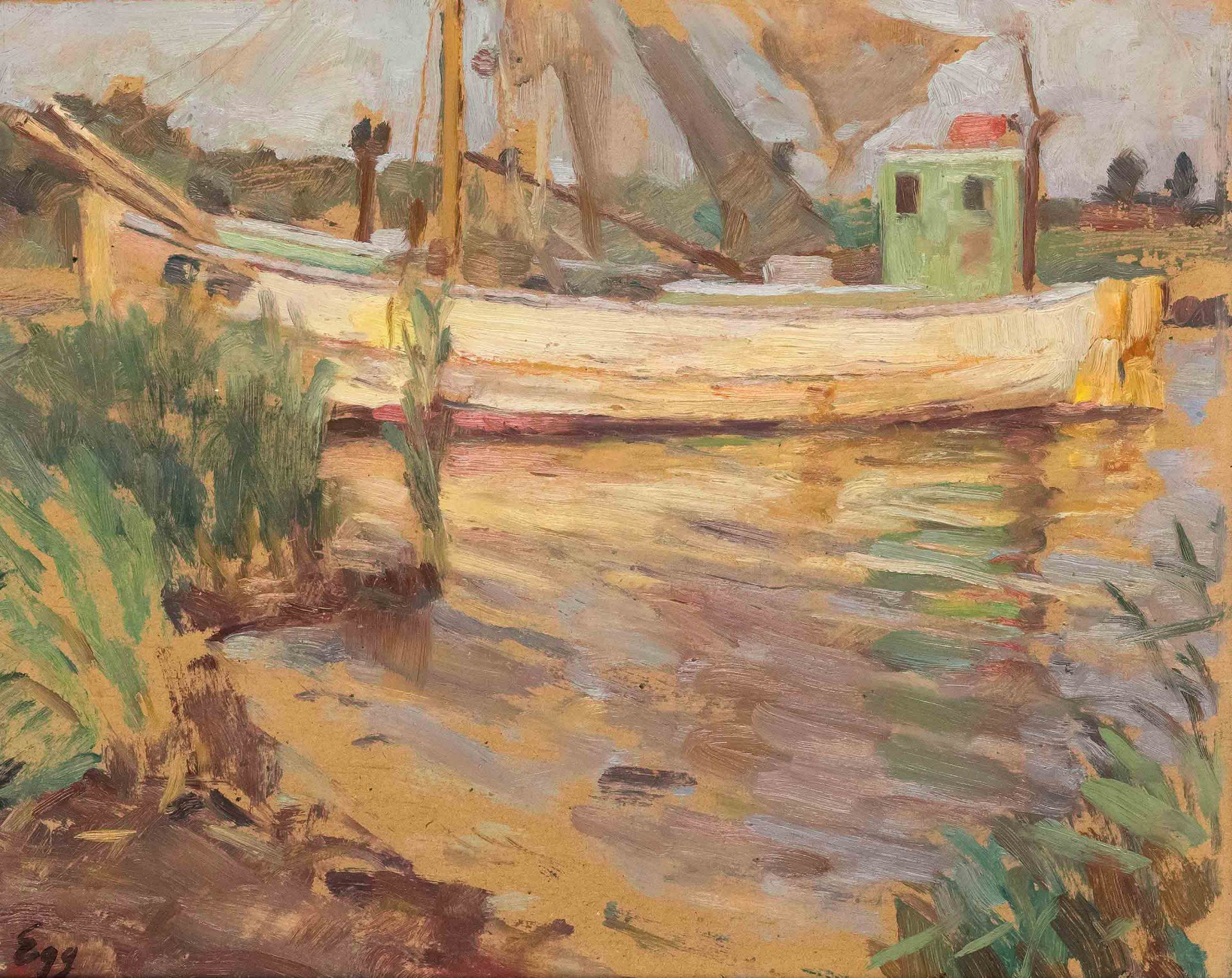 Egg, Ewald. 1884 Berlin - 1955 Hamburg. Boat on the beach. Oil/painting cardboard with inclusion