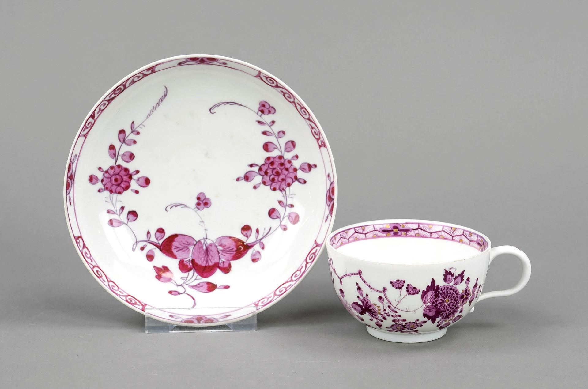Cup with saucer, Meissen, Marcolini mark 1784-1817, Indian painting in purple, half-round tea cup