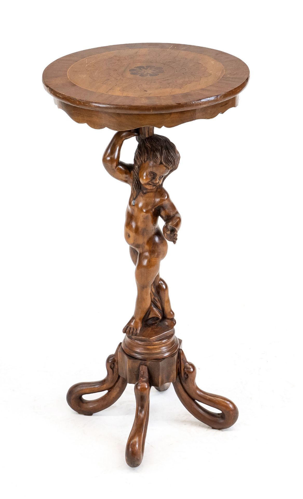 Figural side table circa 1970, walnut, top florally inlaid, h. 82, d.41 cm.