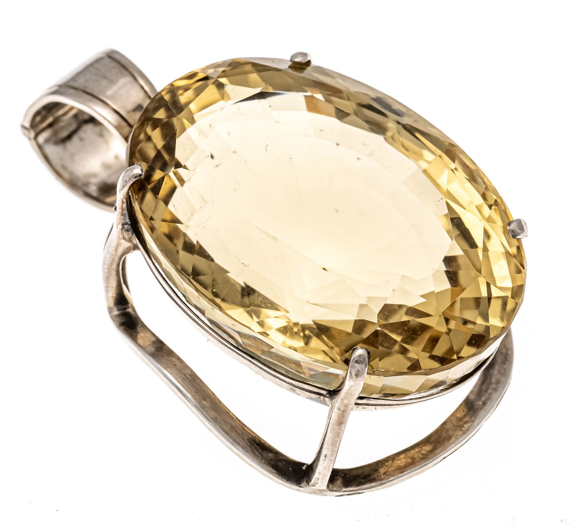 Large citrine pendant WG 750/000 with an oval faceted citrine 39 x 29.5 x 20.8 mm, light golden