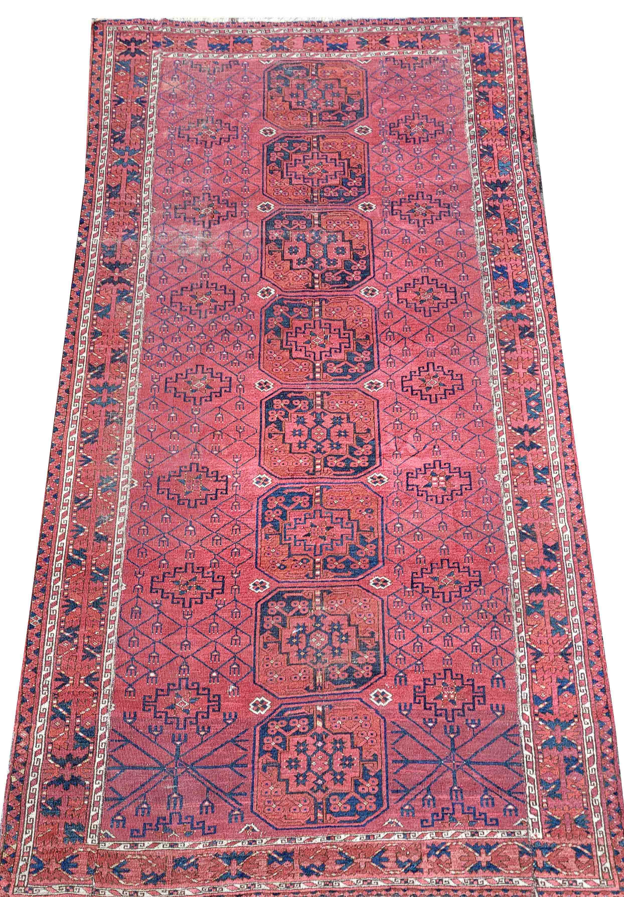 Carpet, Turkmen (Ersari), shortened. Even low pile with some worn areas, fringes short, 270 x 145