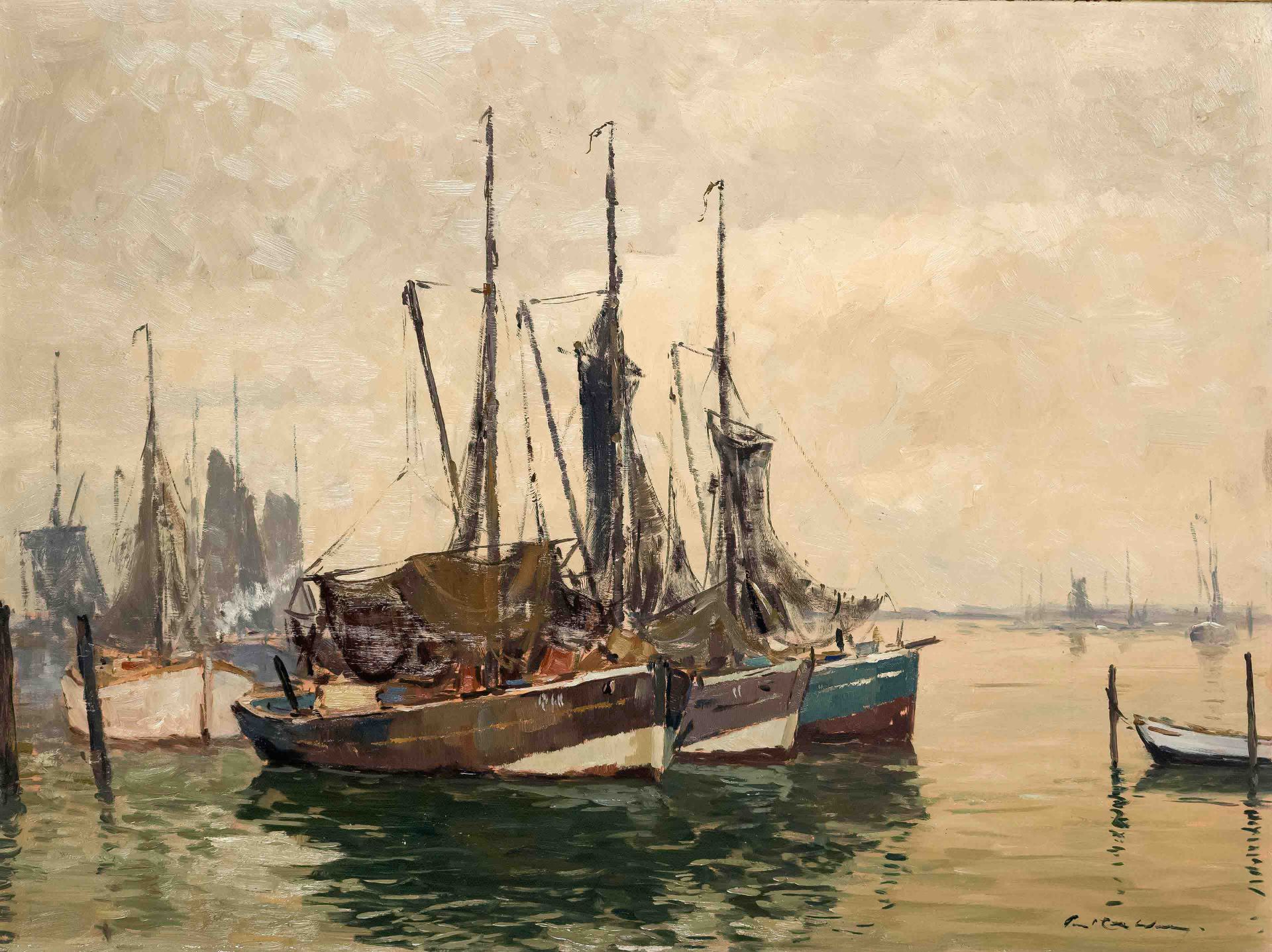 Wilke, Paul Ernst. 1894 Bremerhaven - 1971 Lilienthal. Fishing cutter in the harbor. Oil/hard fiber,