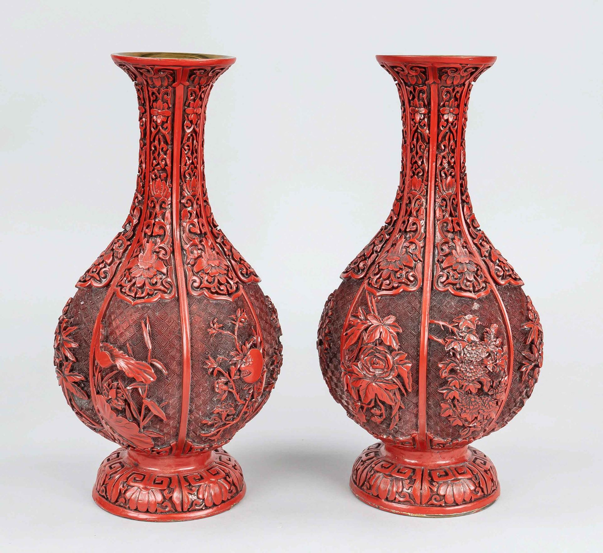Pair of red lacquer vases, China, 19th/20th century, brass body in gourd form with red lacquer