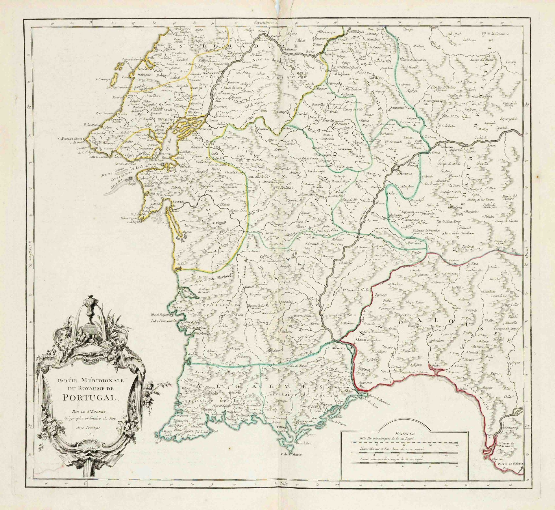 Historical map of Portugal, ''Partie Meridionale du Royaume de Portugal...'', border col.