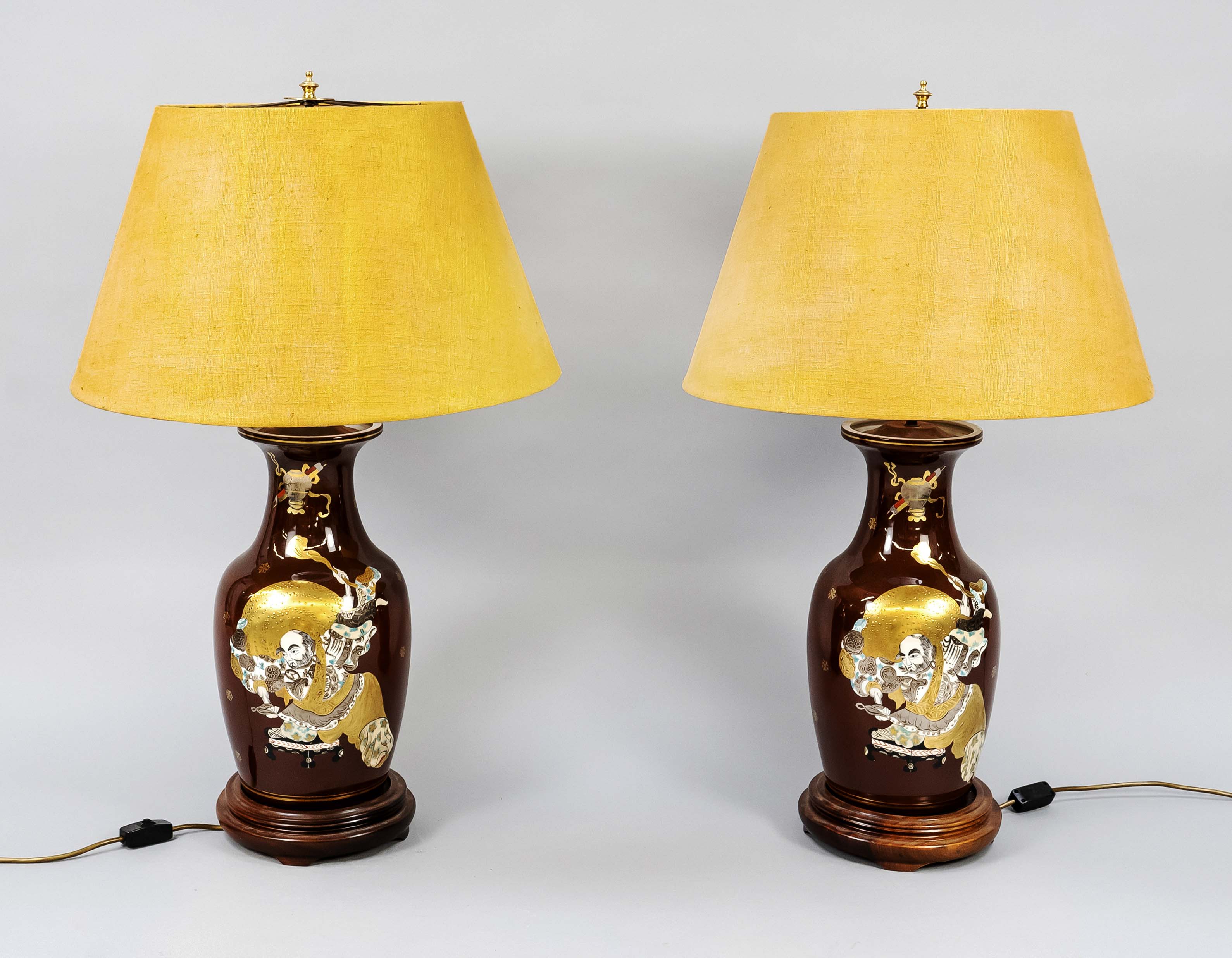 Pair of lamps with golden shade, Japan, mid-century, brown shiny vase body with samurai depiction,