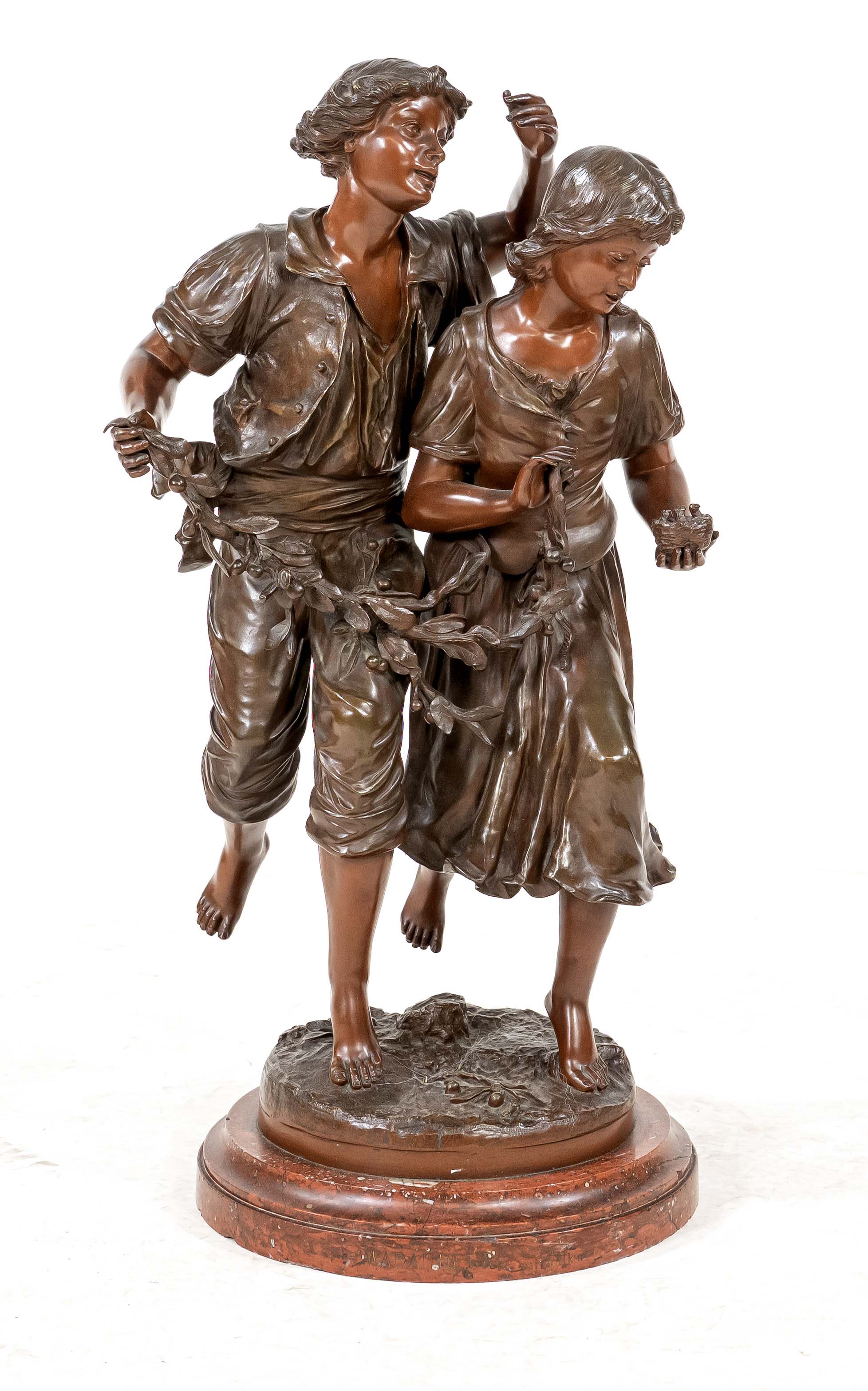 signed Berthin, french sculptor of the 19th century, large bronze group of a running young couple