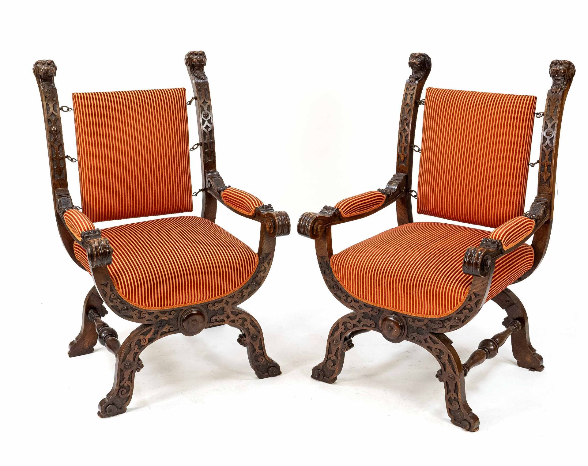 Pair of historism armchairs around 1880 in the style of scissors chairs, solid oak, typical