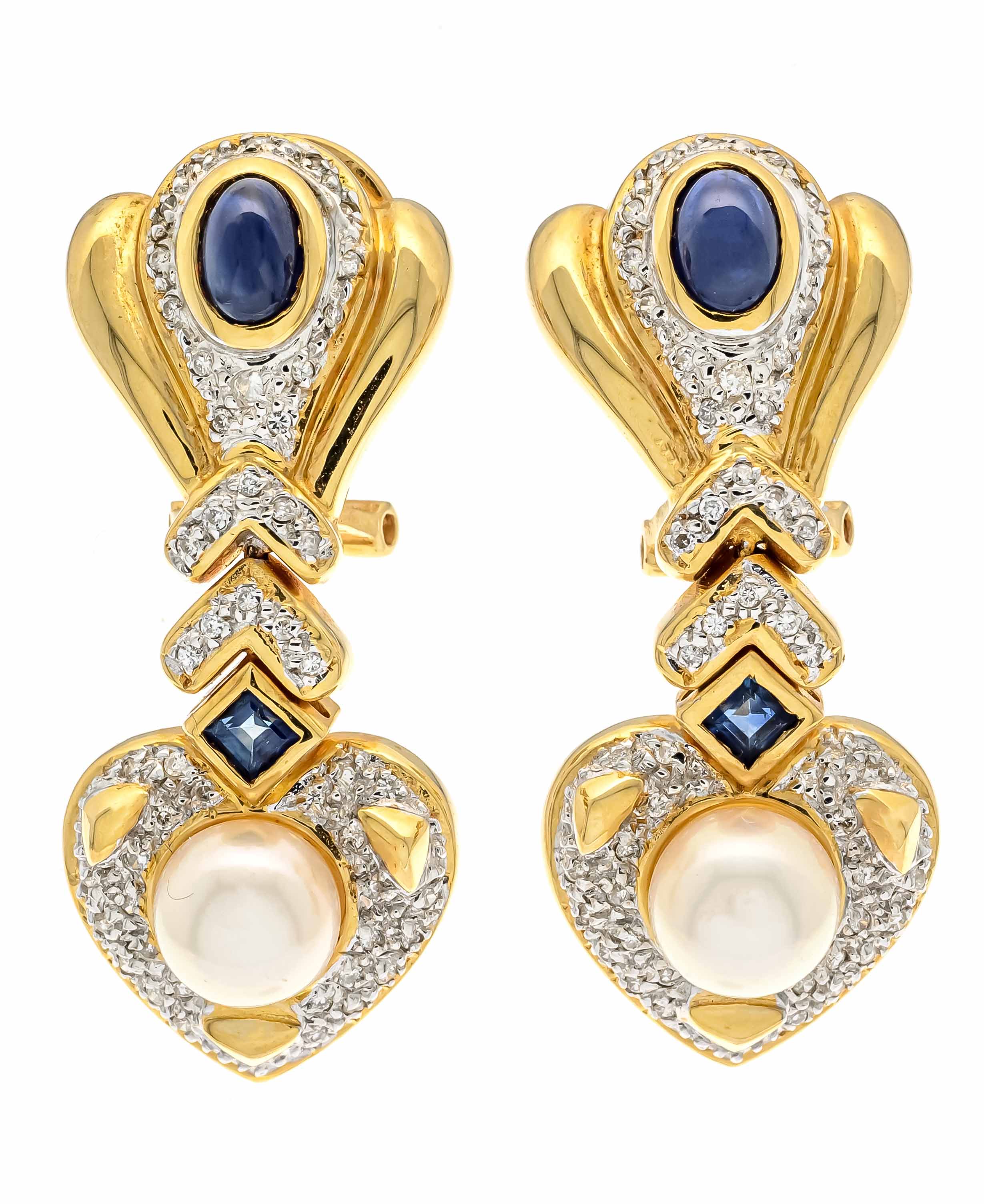 Sapphire diamond clip earrings GG/WG 585/000 with 2 oval sapphire cabochons 5.9 x 3.6 mm, 2 carré