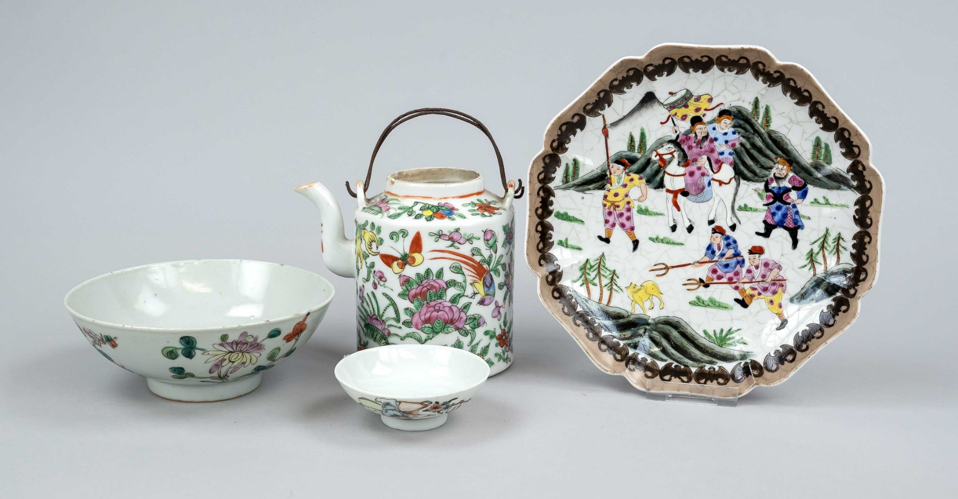 Tea set 4 pieces, China, 19th/20th c., porcelain with polychrome glaze painting, pot, tea bowl,