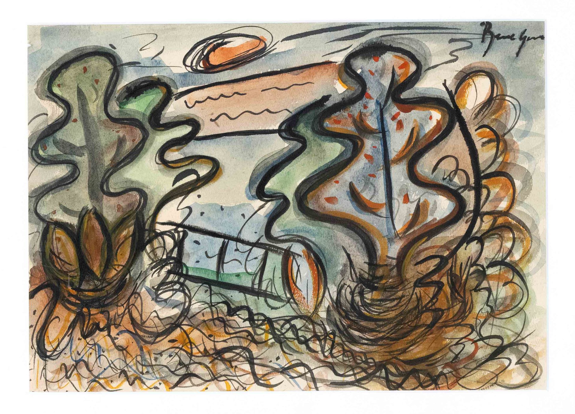 Géza Bene (1900-1960), Hungarian artist, abstract landscape, watercolor and ink on paper, signed