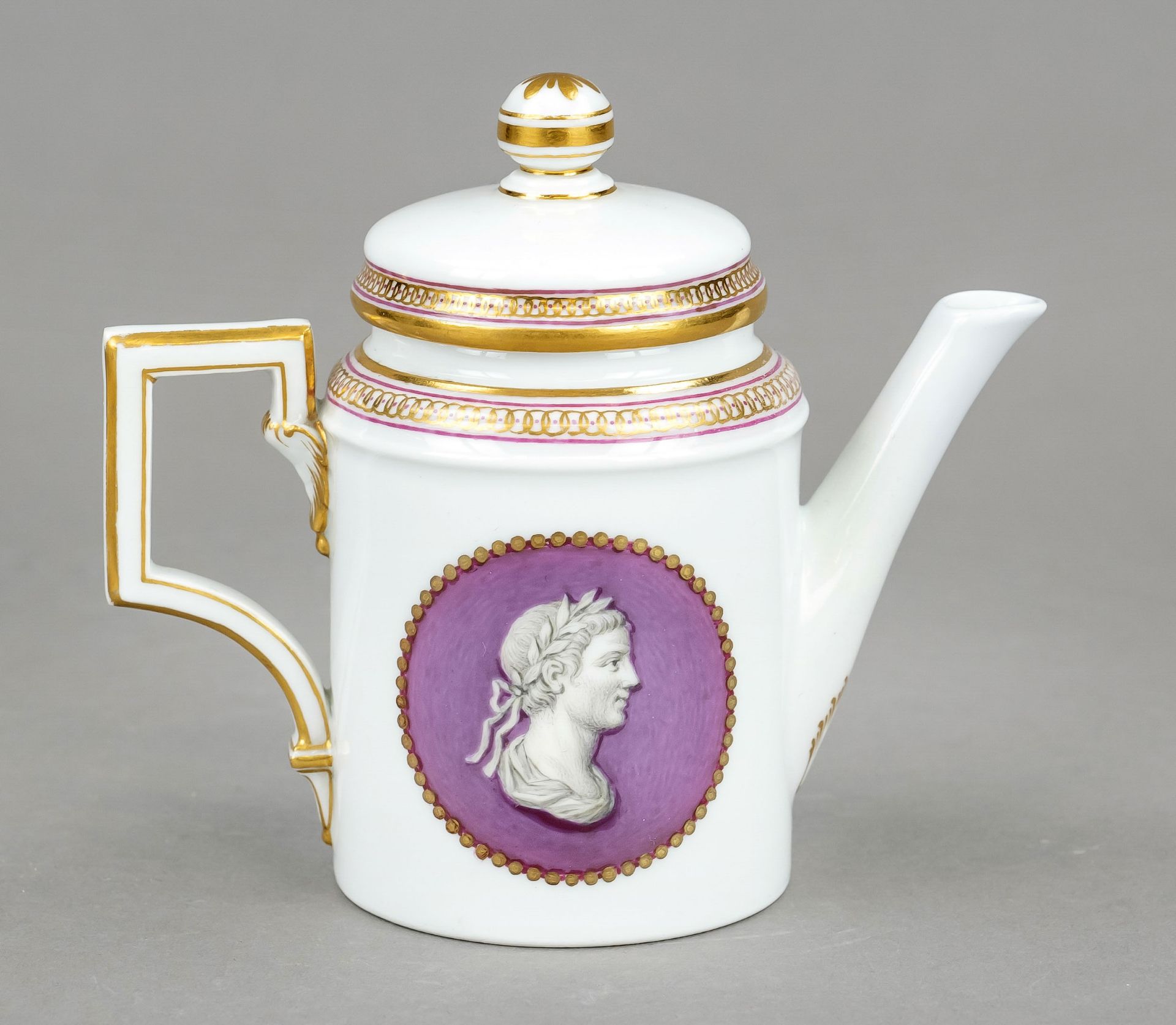 Small jug, KPM Berlin, 1780-1800, 1st choice, cylindrical form with handle à la grecque, on both - Image 2 of 2