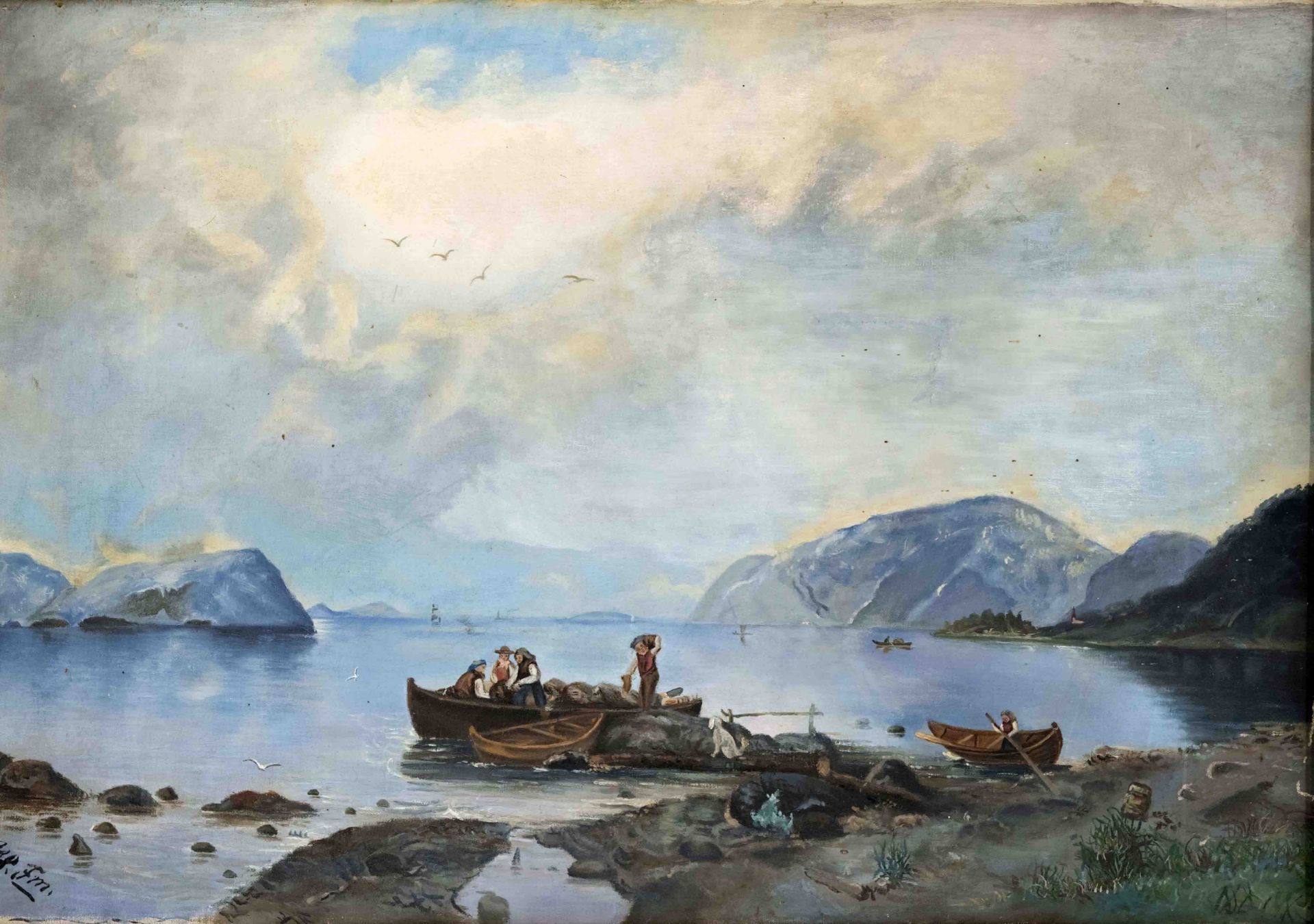 monogrammed H. Fm., end of 19th c., Fisherman on the lake shore, oil on canvas, monogrammed lower