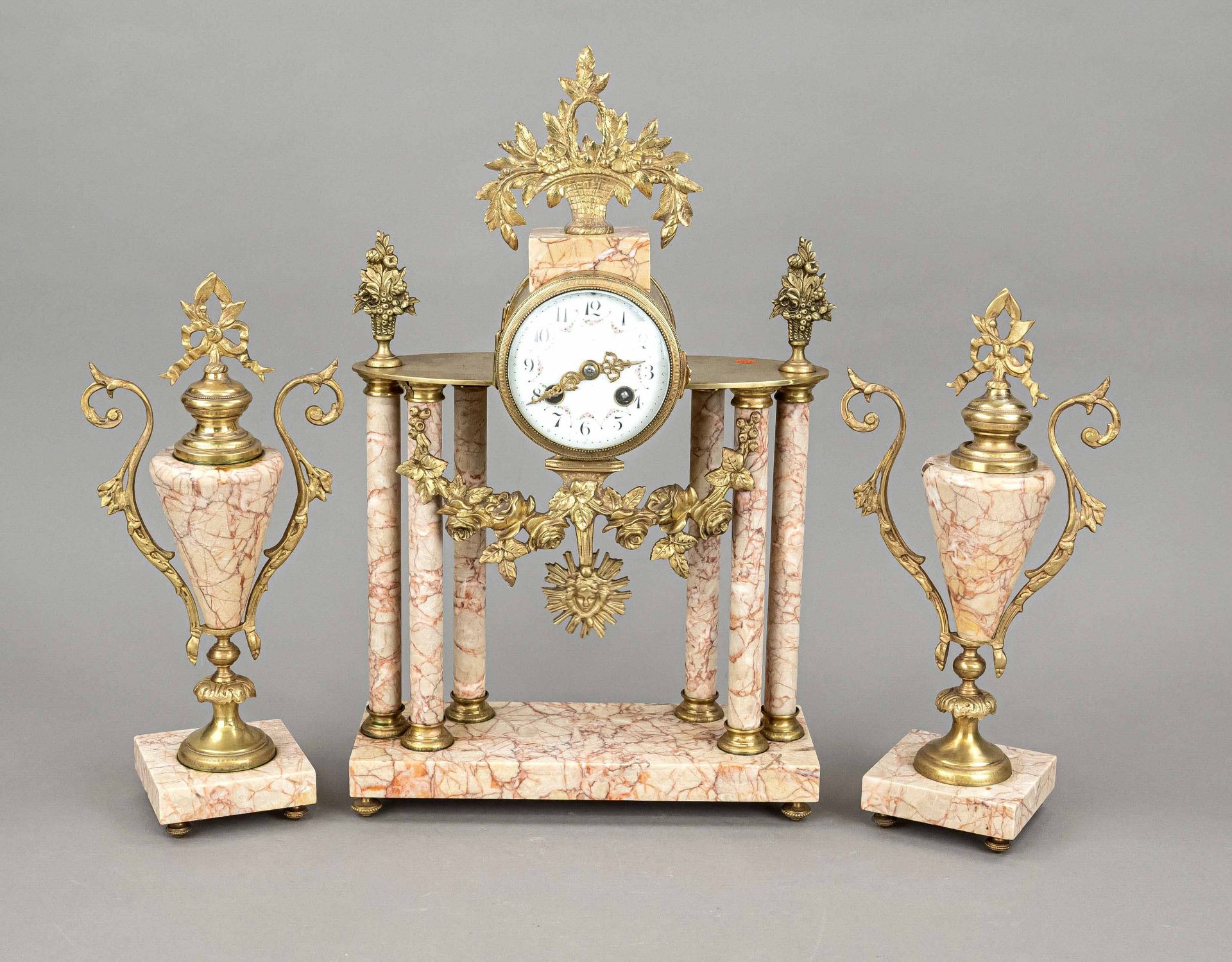 3-piece french. Marble column clock set, 2nd h.19th c., rose'-red/brown marble, decorated with