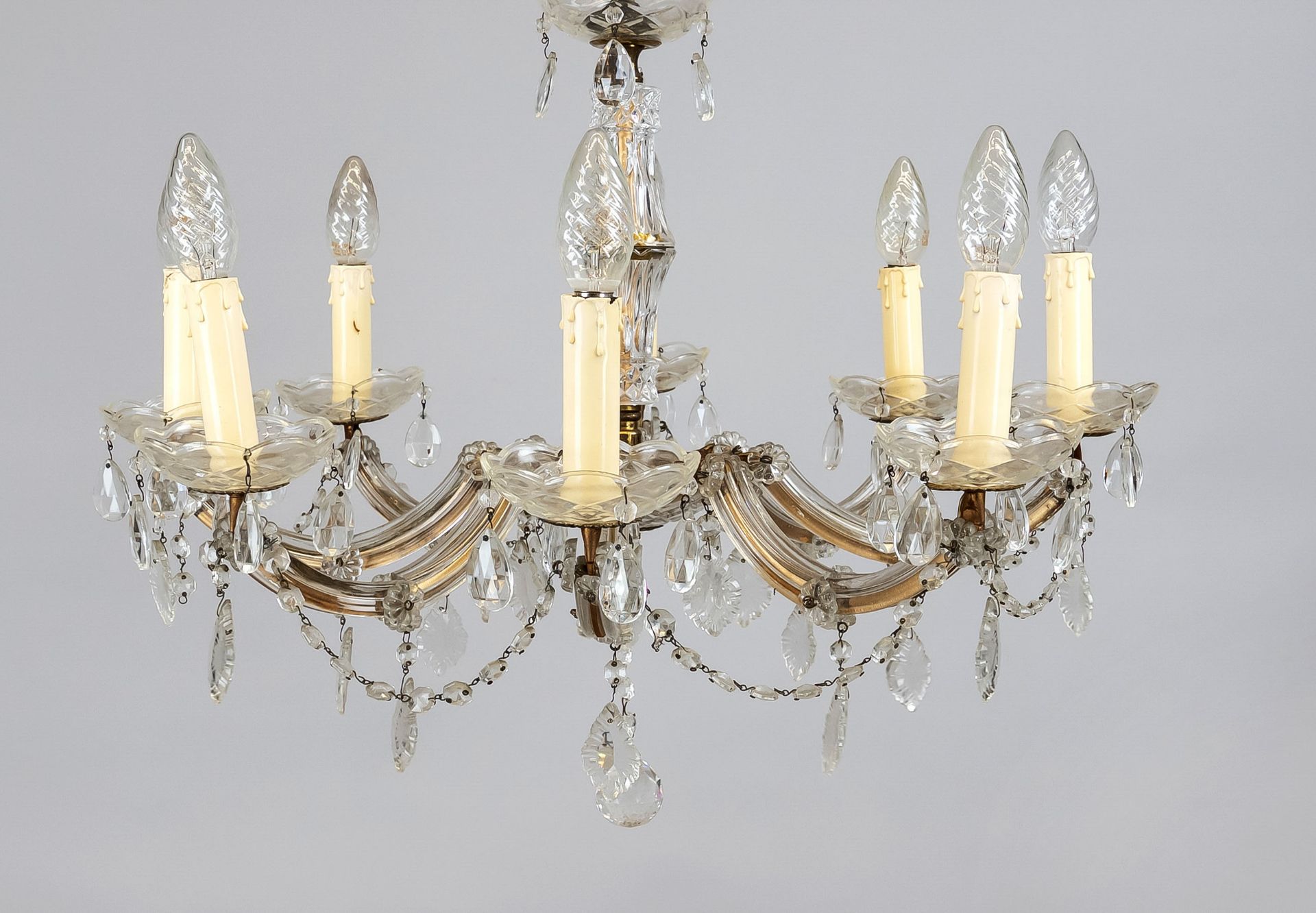 Murano ceiling lamp, Italy, mid 20th c., 8 curved chandelier arms with glass overlay and crystal