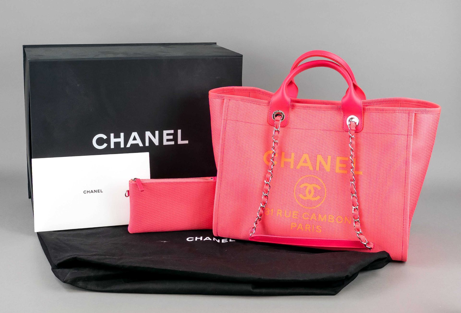 Chanel, Deauville Rue Cambon Pink Canvas and Lambskin Shopping Tote Bag, pink canvas with details of