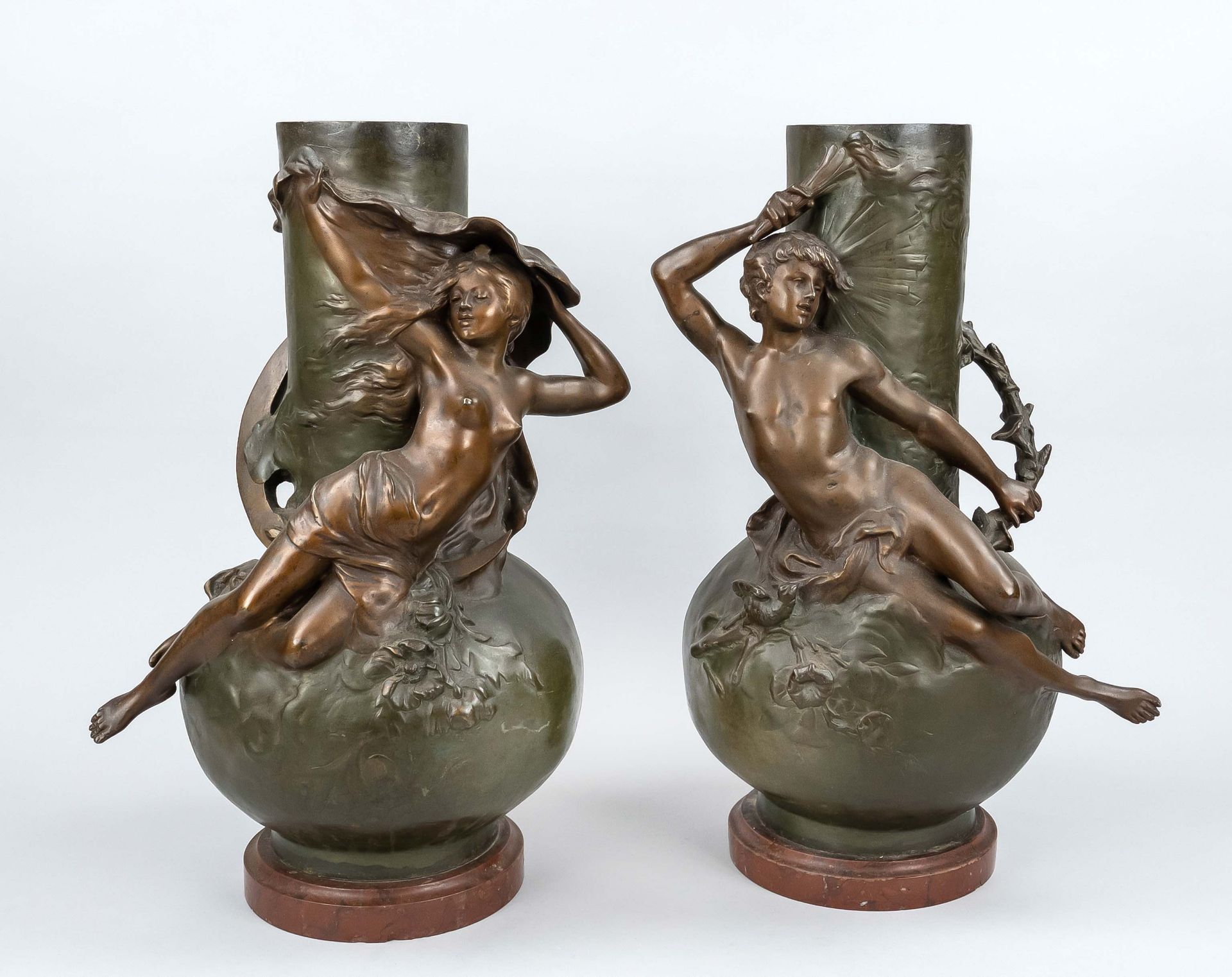 Pair of large Art Nouveau vases, France, around 1900, metal, bronzed with greenish patina, on