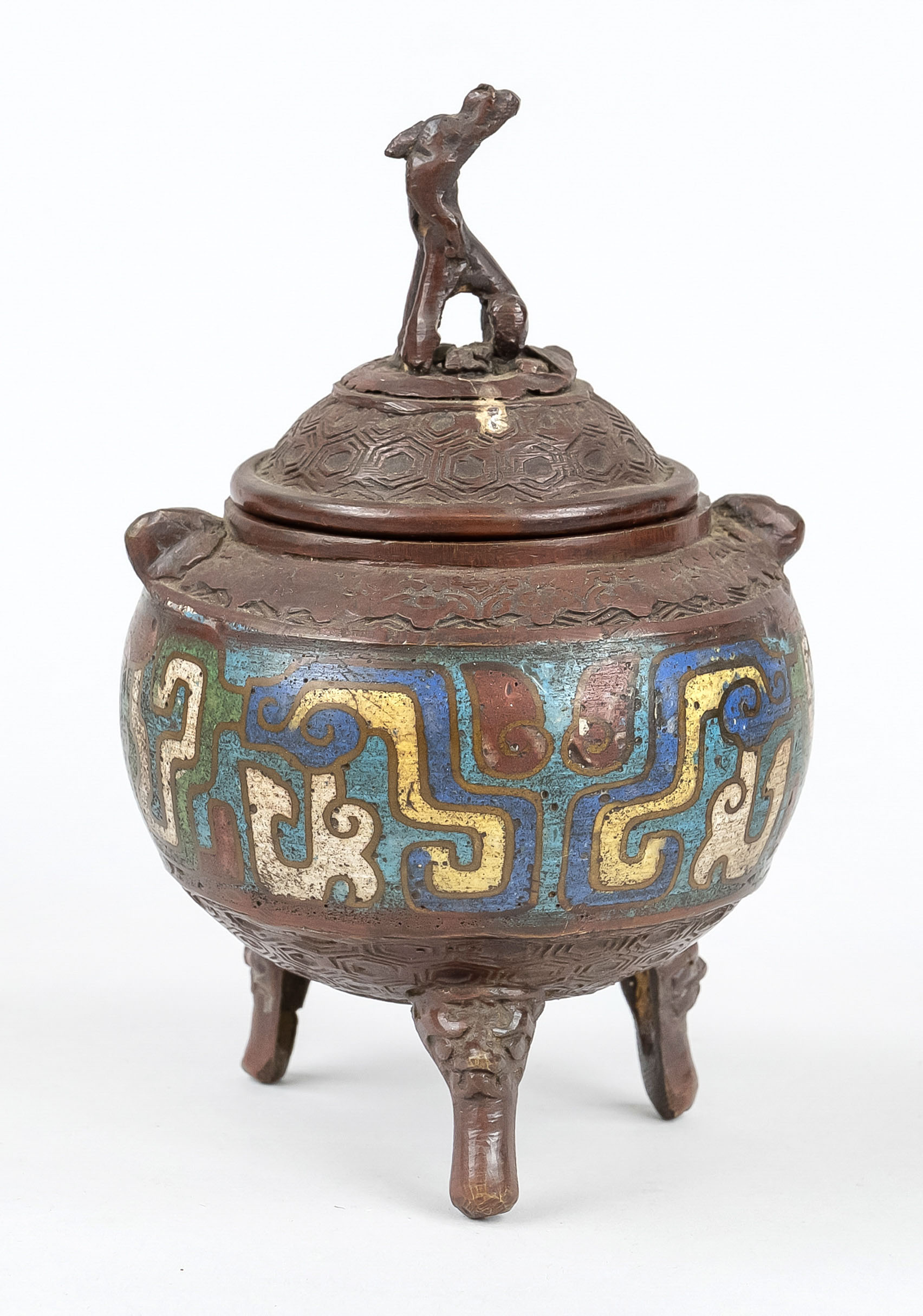 Incense burner type Ding, China, 20th century, bronze tripod archaic decoration, felid knob lid,