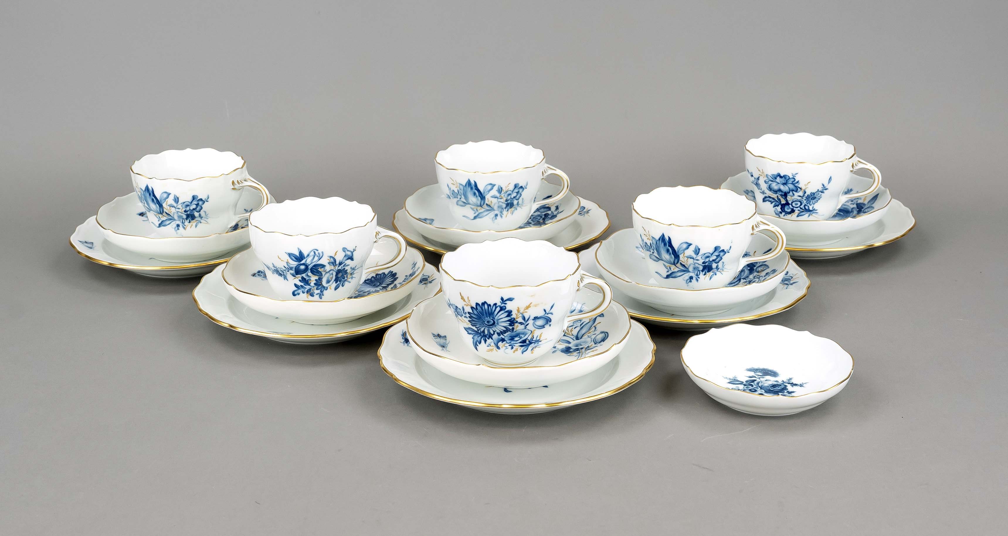 Six coffee sets and small decorative bowl, 19 pieces, Meissen, marks after 1934, 1st and 2nd choice,
