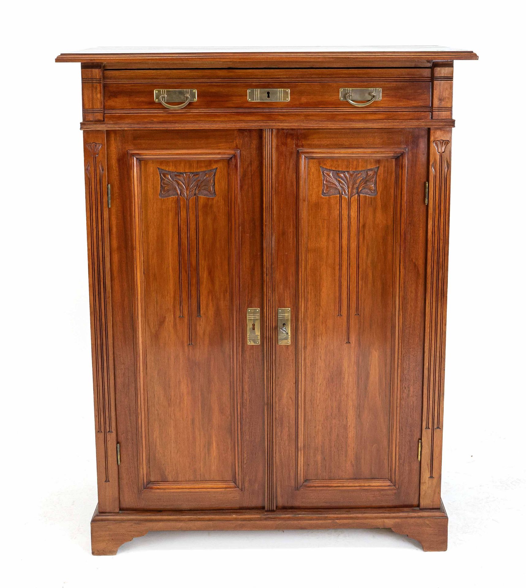 Art Nouveau vertico circa 1900, walnut, straight 2-door body with drawer, floral carving,