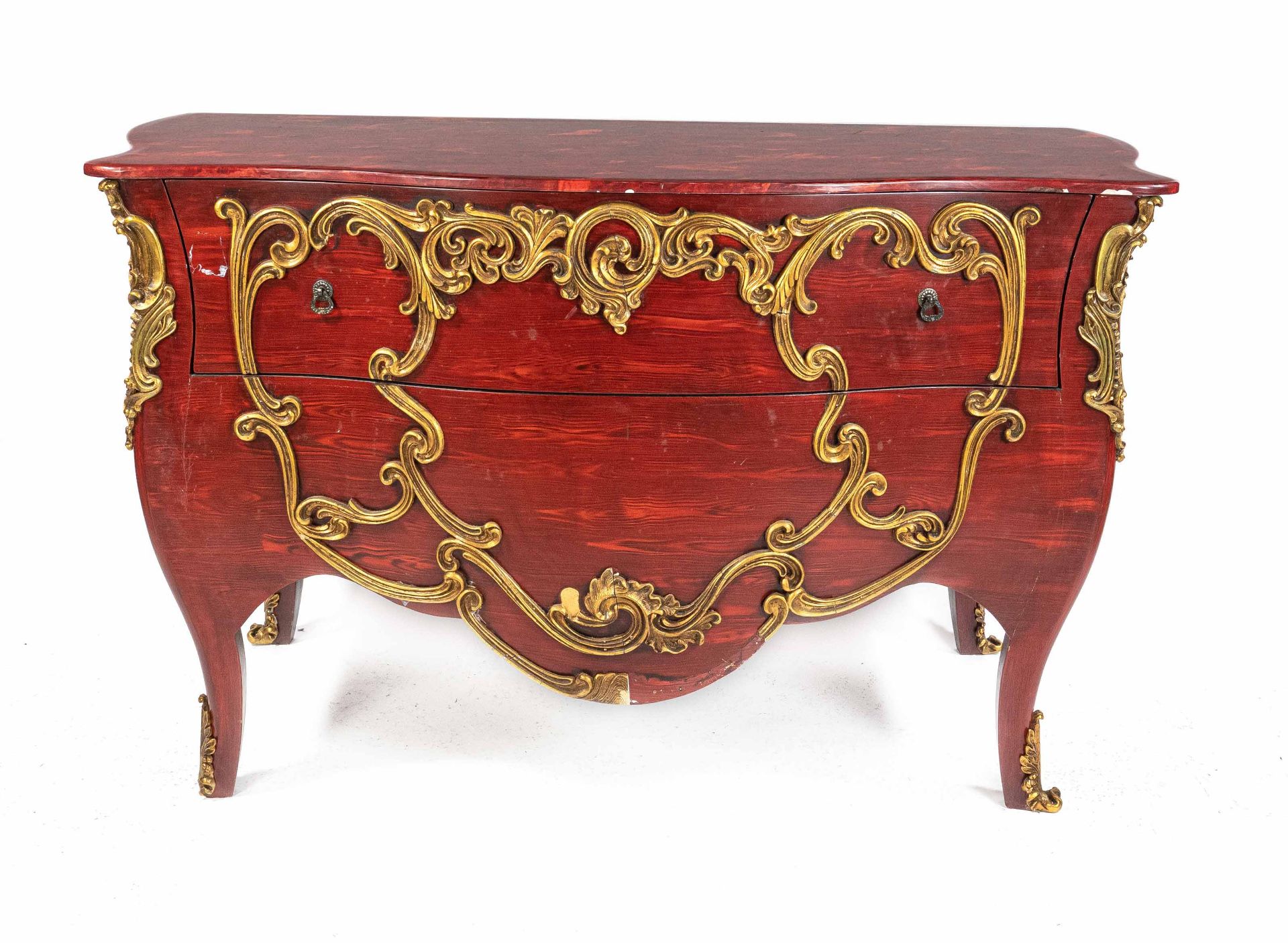 Baroque style chest of drawers, 20th century, red lacquered wood, curved and cambered body with