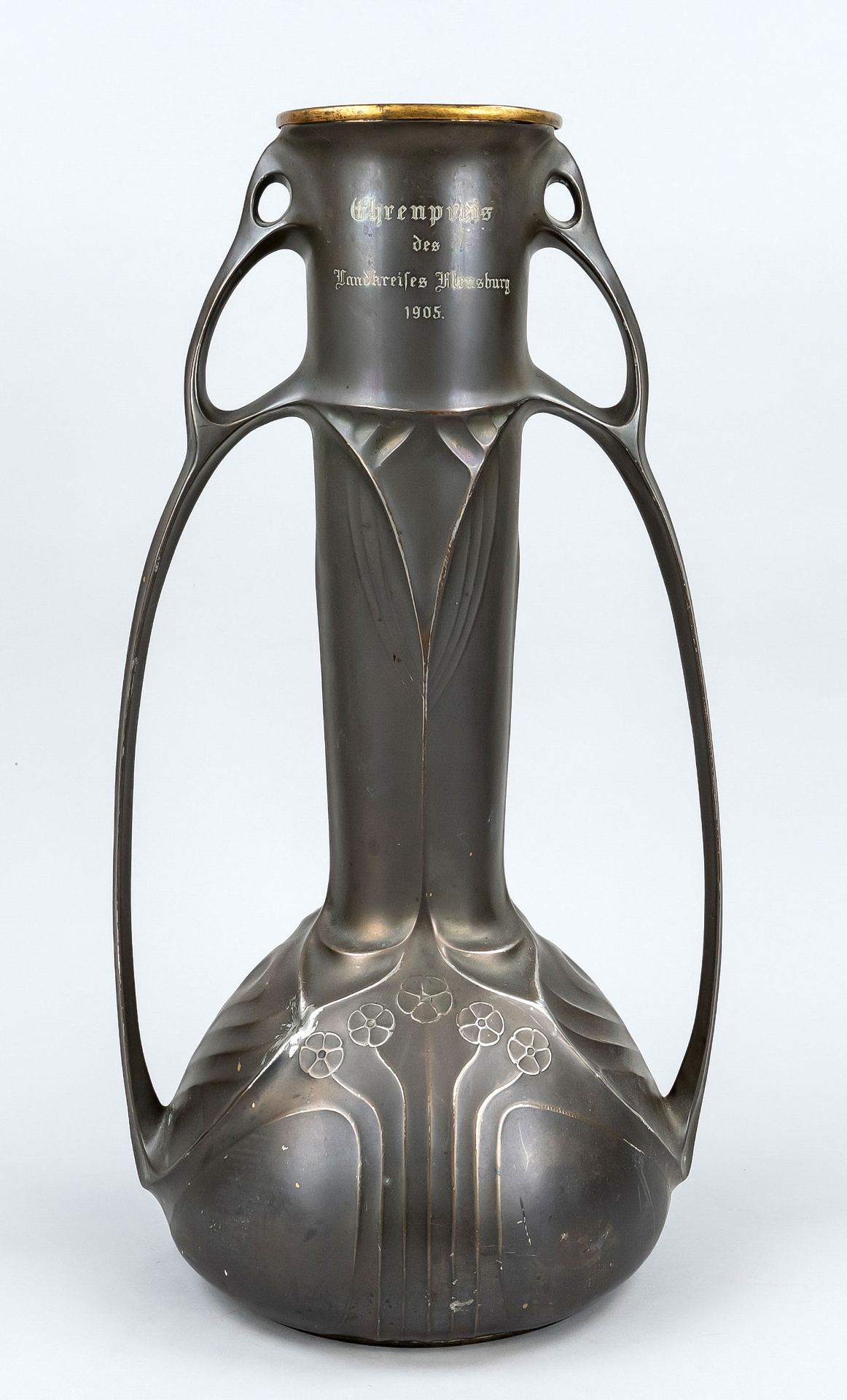 Large art nouveau vase, Germany, dated 1905, silver plated. Body decorated with vegetal relief