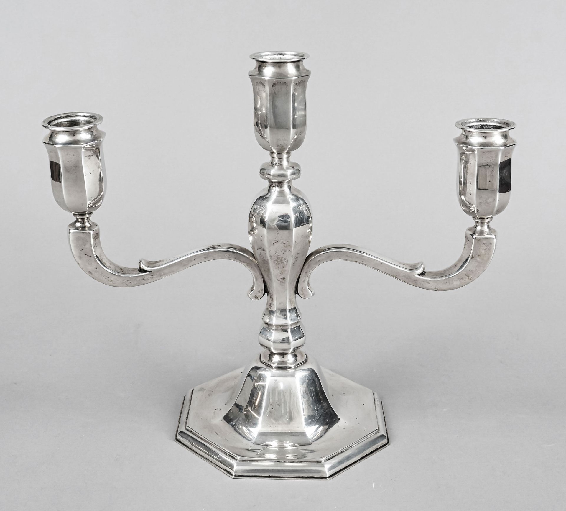 Three-flame candelabrum, 20th c., silver 830/000, 8-cornered filled stand, baluster shaft with 2