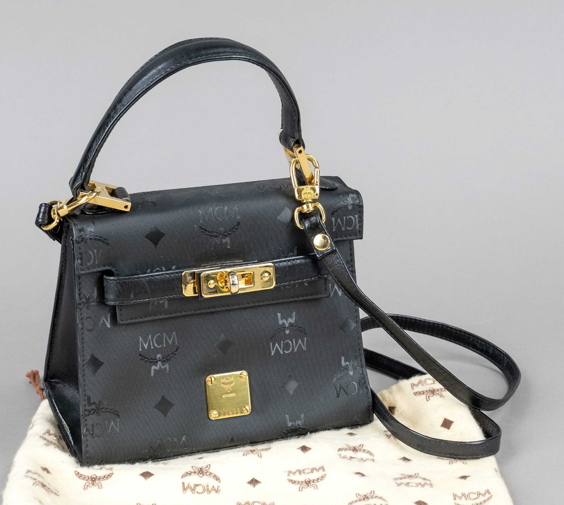 MCM, Black Monogram Visetos Mini Kelly Top Handle Flap Bag, black nylon fabric with heritage pattern
