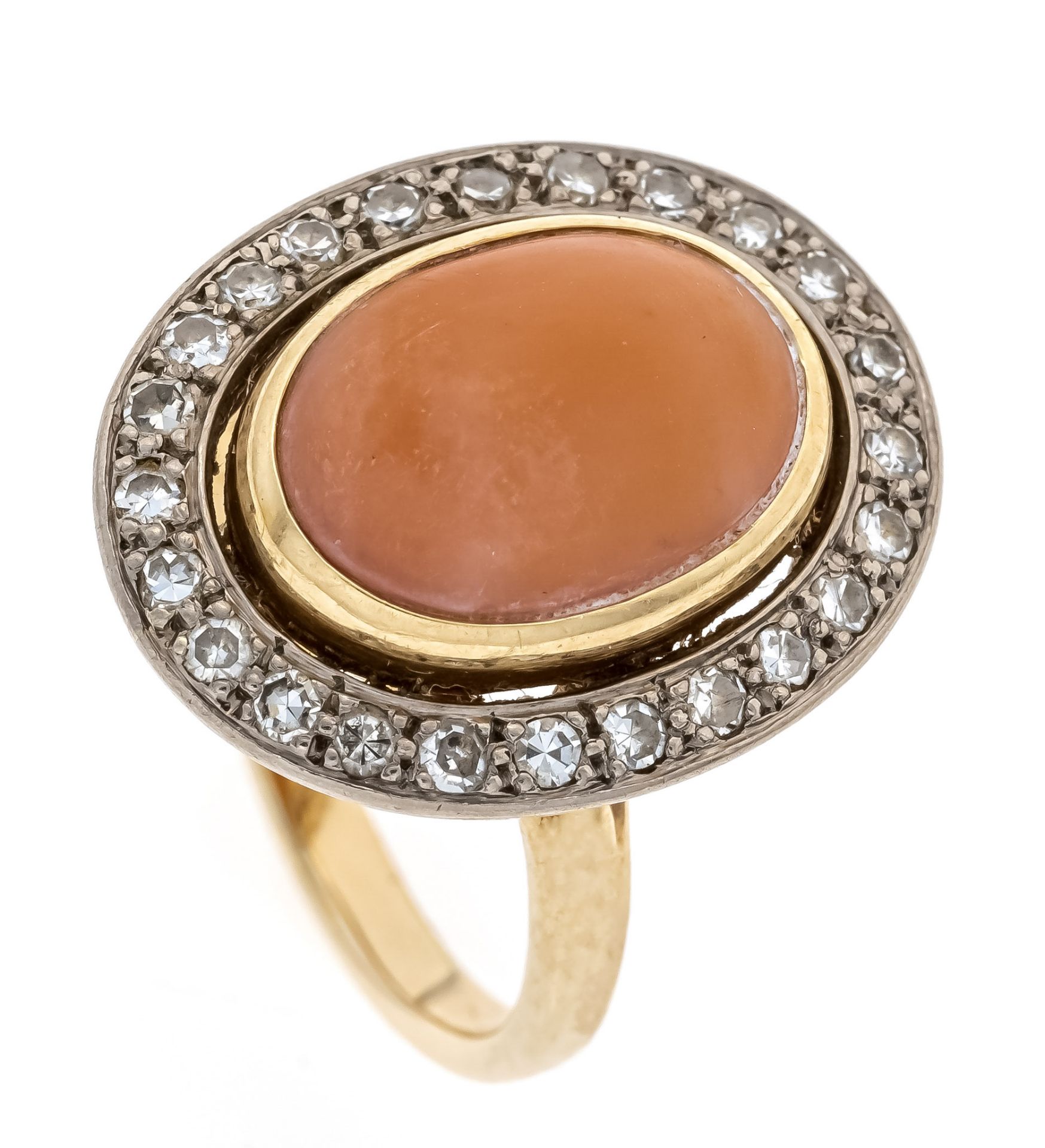 Coral diamond ring GG/WG 585/000 with an oval faceted angel skin coral cabochon 13 x 9 mm and all