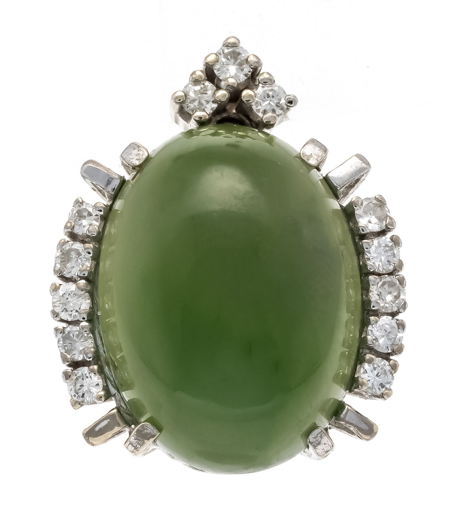 Jade diamond pendant WG 585/000 unstamped, tested, with an oval jade cabochon 19.5 x 14.7 mm, darker