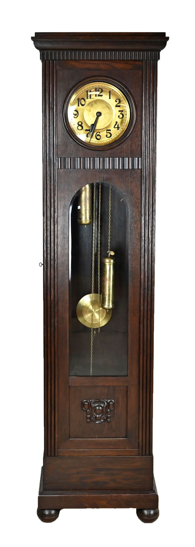 Grandfather clock dark stained, around 1900, with different fluting, carving in the base, gold