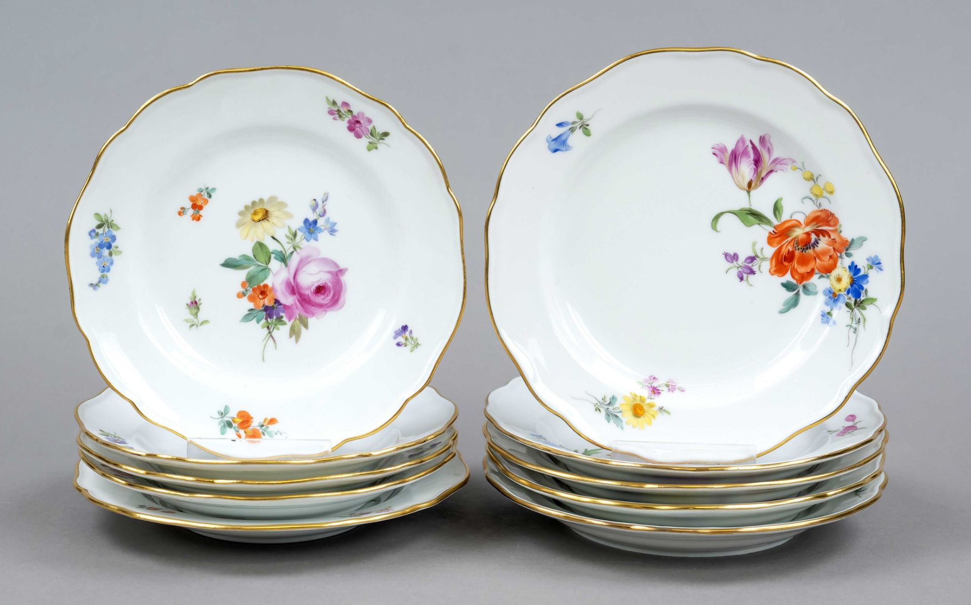 Ten bread plates, Meissen, 5x pommel swords (1850-1924) and 5x marks after 1934, 1st choice, form