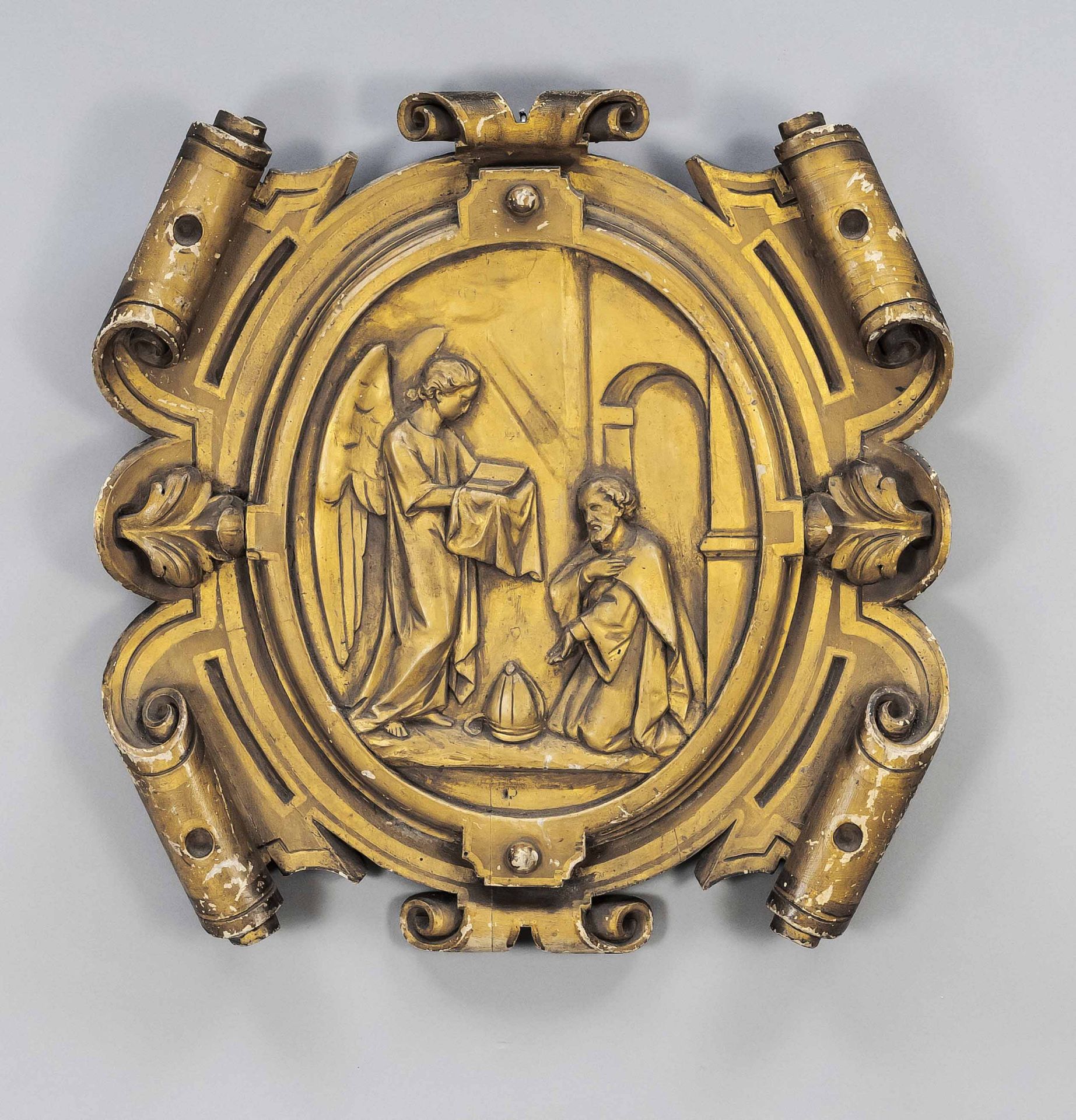 Religious relief, 19th c., wood, gilded. Scene with angel and kneeling in a church architecture,