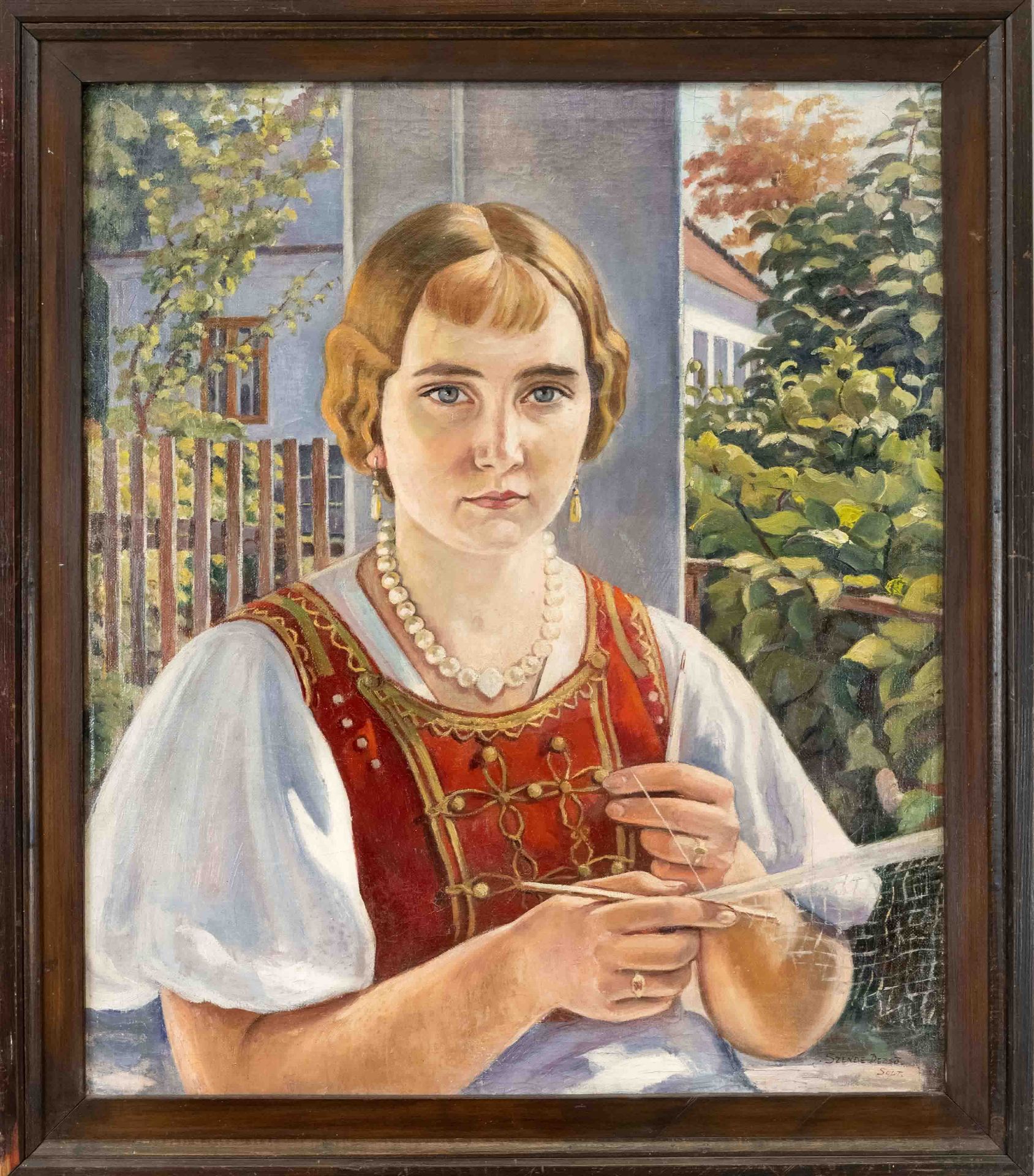 signed Szende Dezso, Hungarian painter around 1900, portrait of a young Hungarian woman in